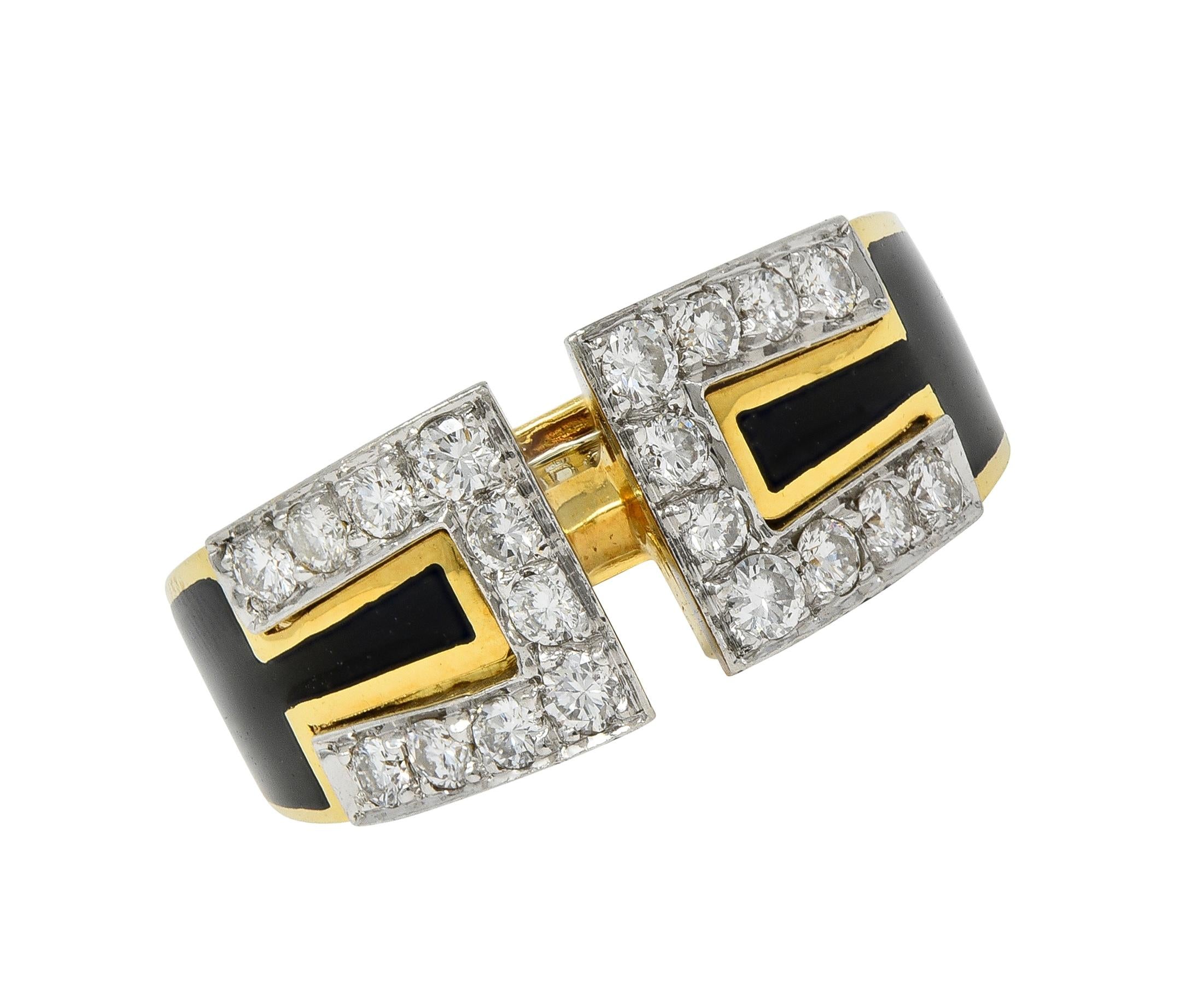 David Webb Diamond Black Enamel Platinum 18 Karat Yellow Gold Gap Ring