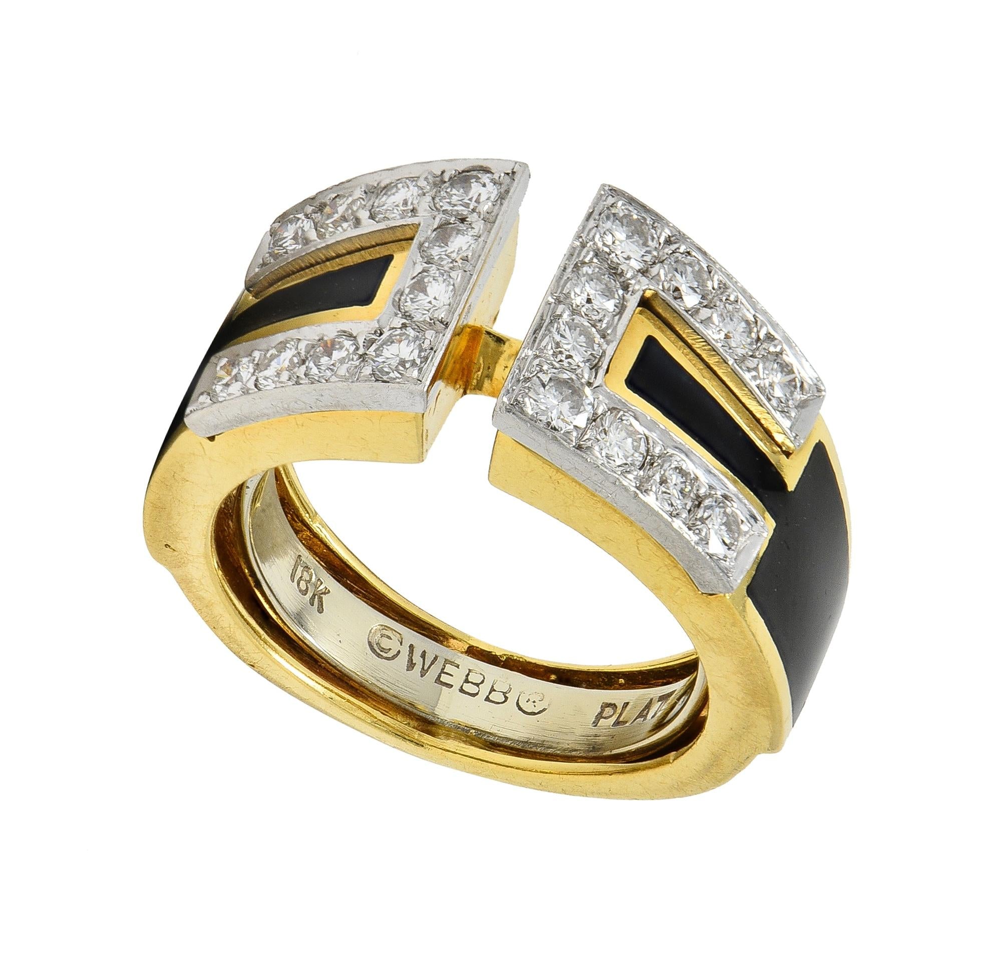 David Webb Diamond Black Enamel Platinum 18 Karat Yellow Gold Gap Ring
