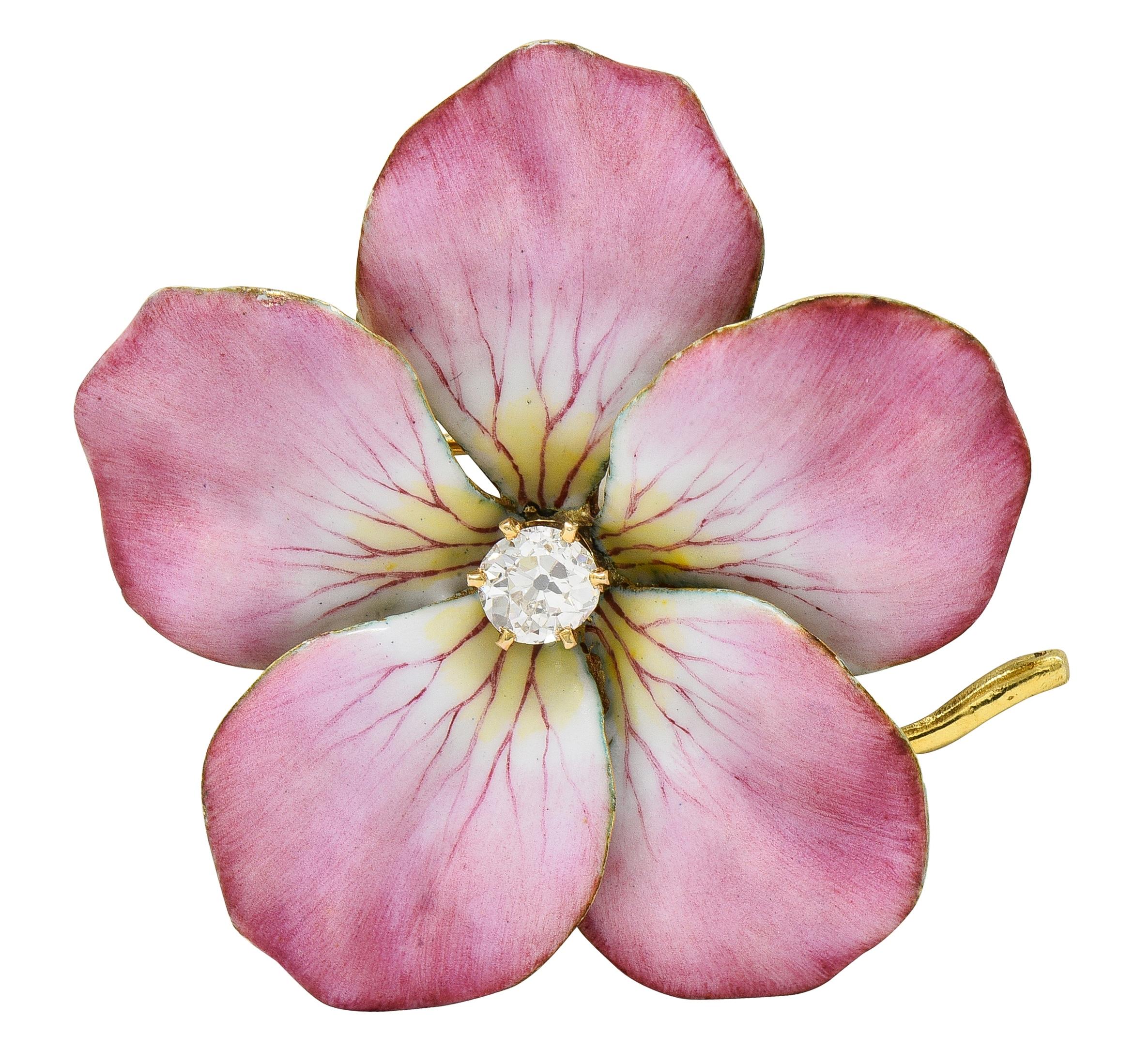 Art Nouveau Diamond Enamel 14 Karat Yellow Gold Antique Flower Pendant Brooch