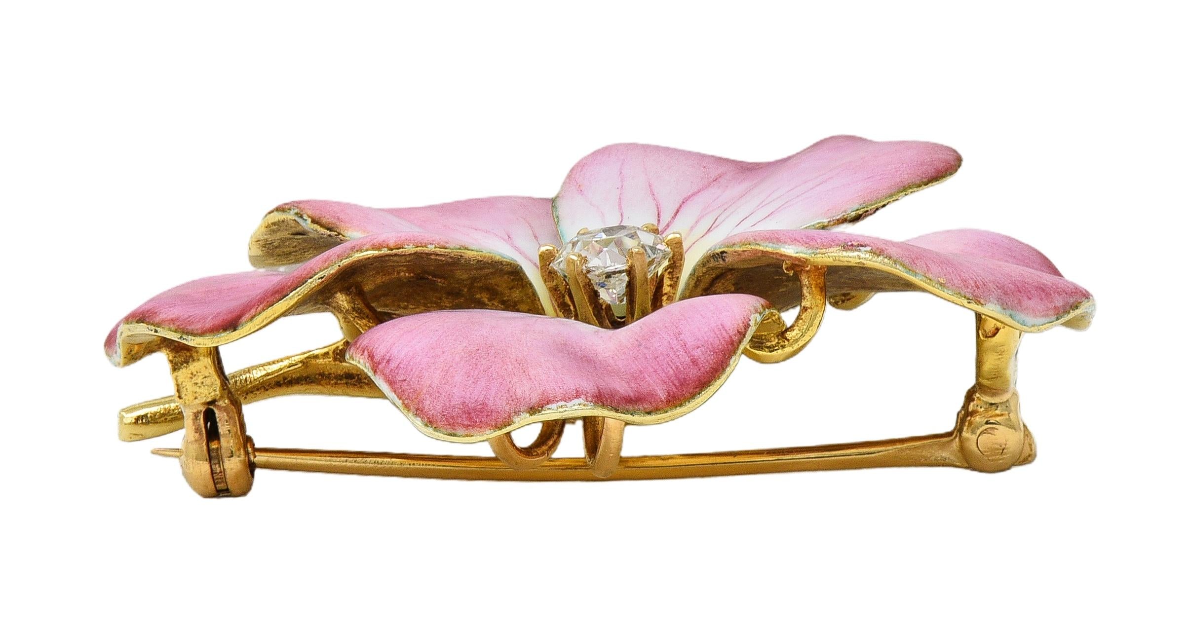Art Nouveau Diamond Enamel 14 Karat Yellow Gold Antique Flower Pendant Brooch