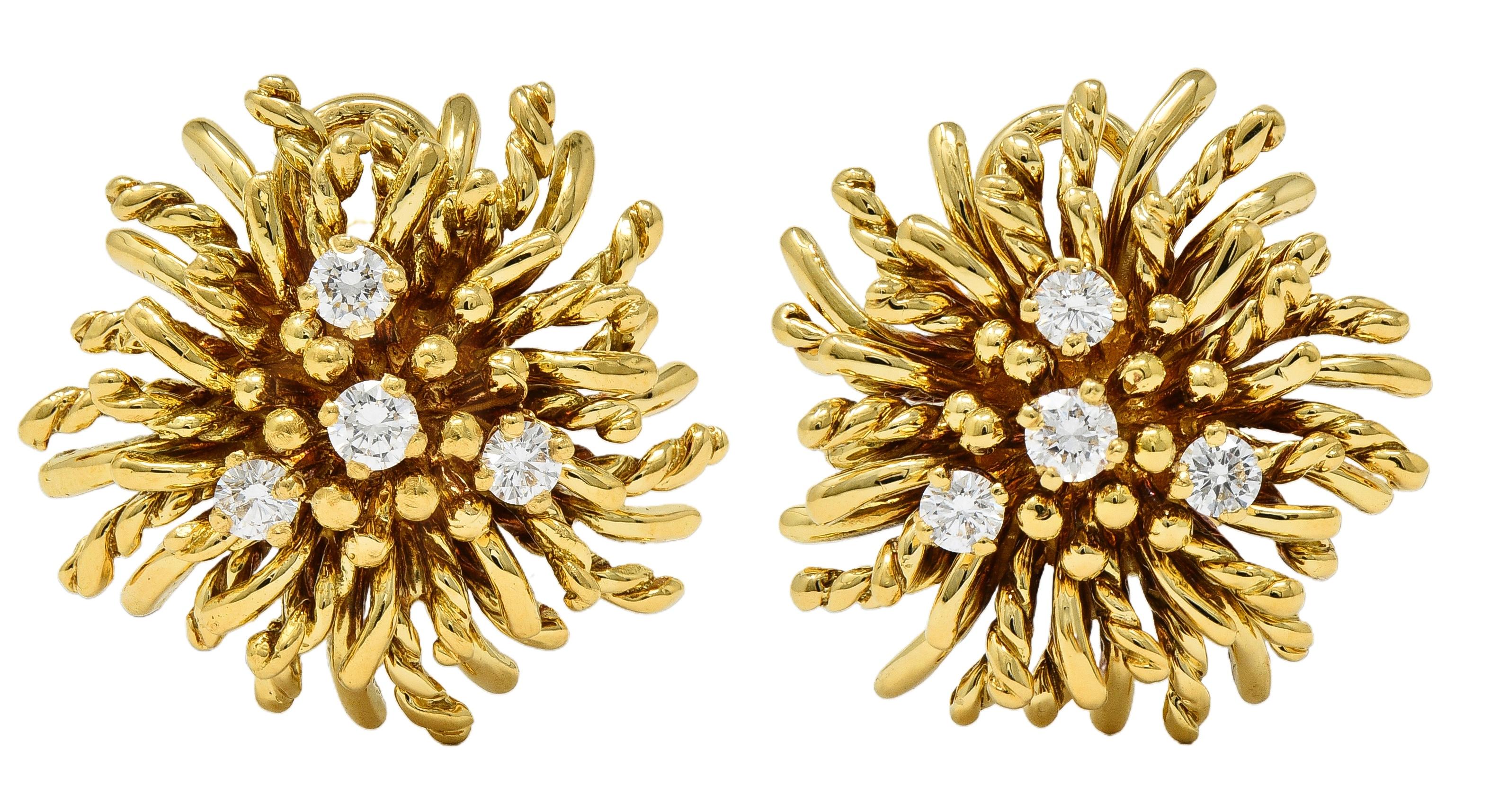 Tiffany & Co. 1970's Diamond 18K Gold Vintage Anemone Ear-Clip Earrings