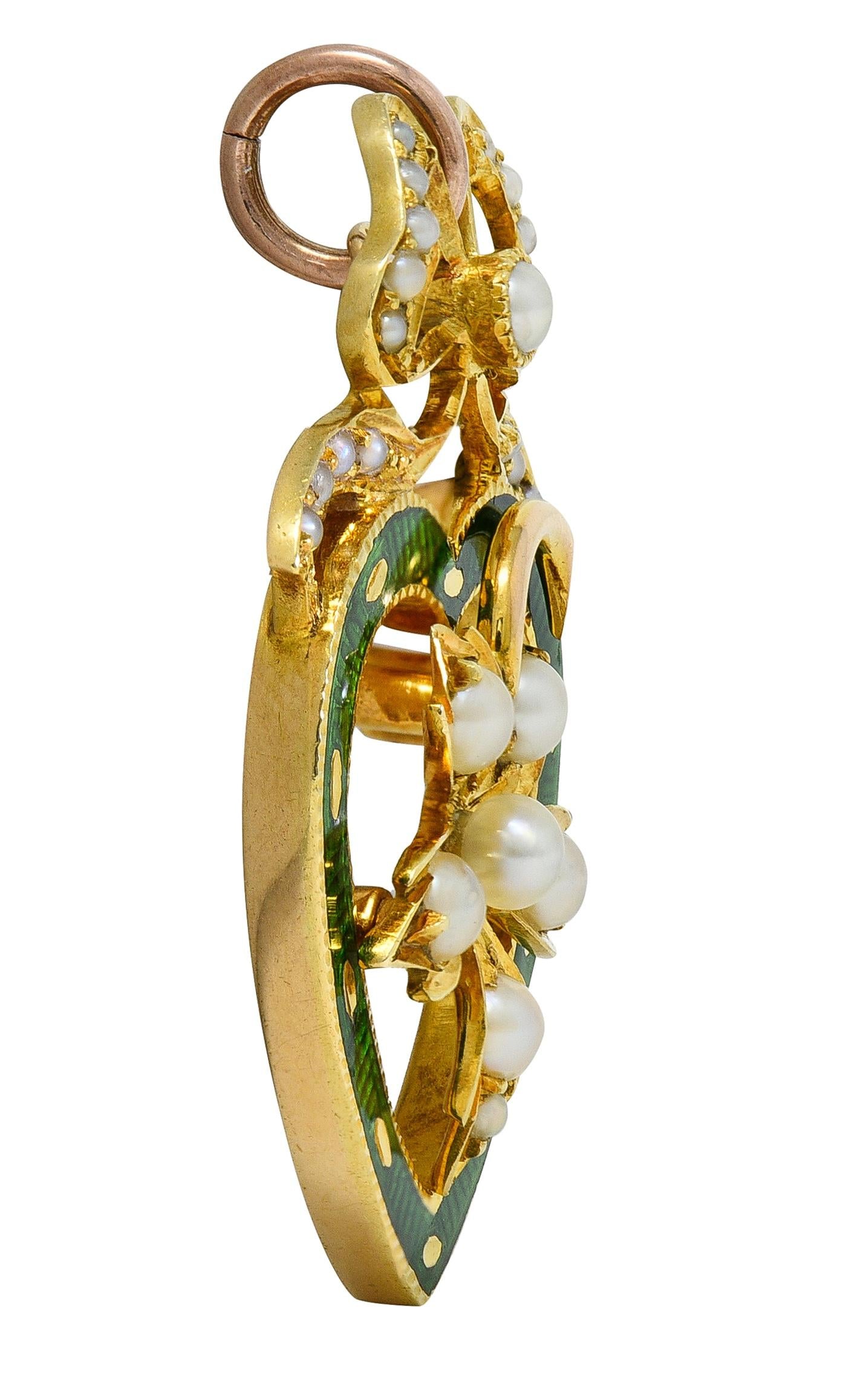 Edwardian Pearl Enamel 14 Karat Yellow Gold Antique Bow Heart Pendant