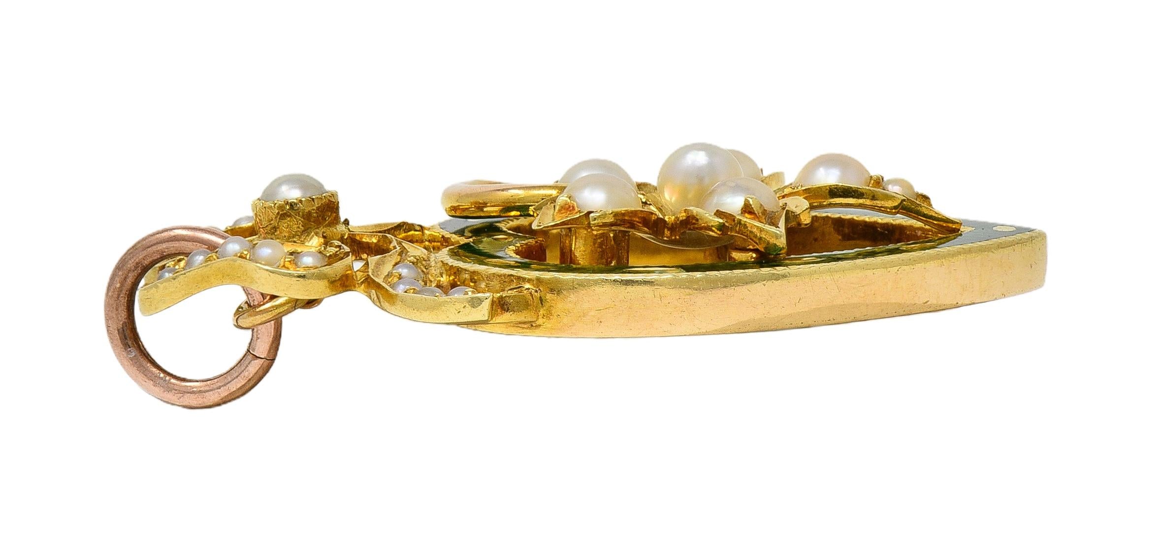 Edwardian Pearl Enamel 14 Karat Yellow Gold Antique Bow Heart Pendant