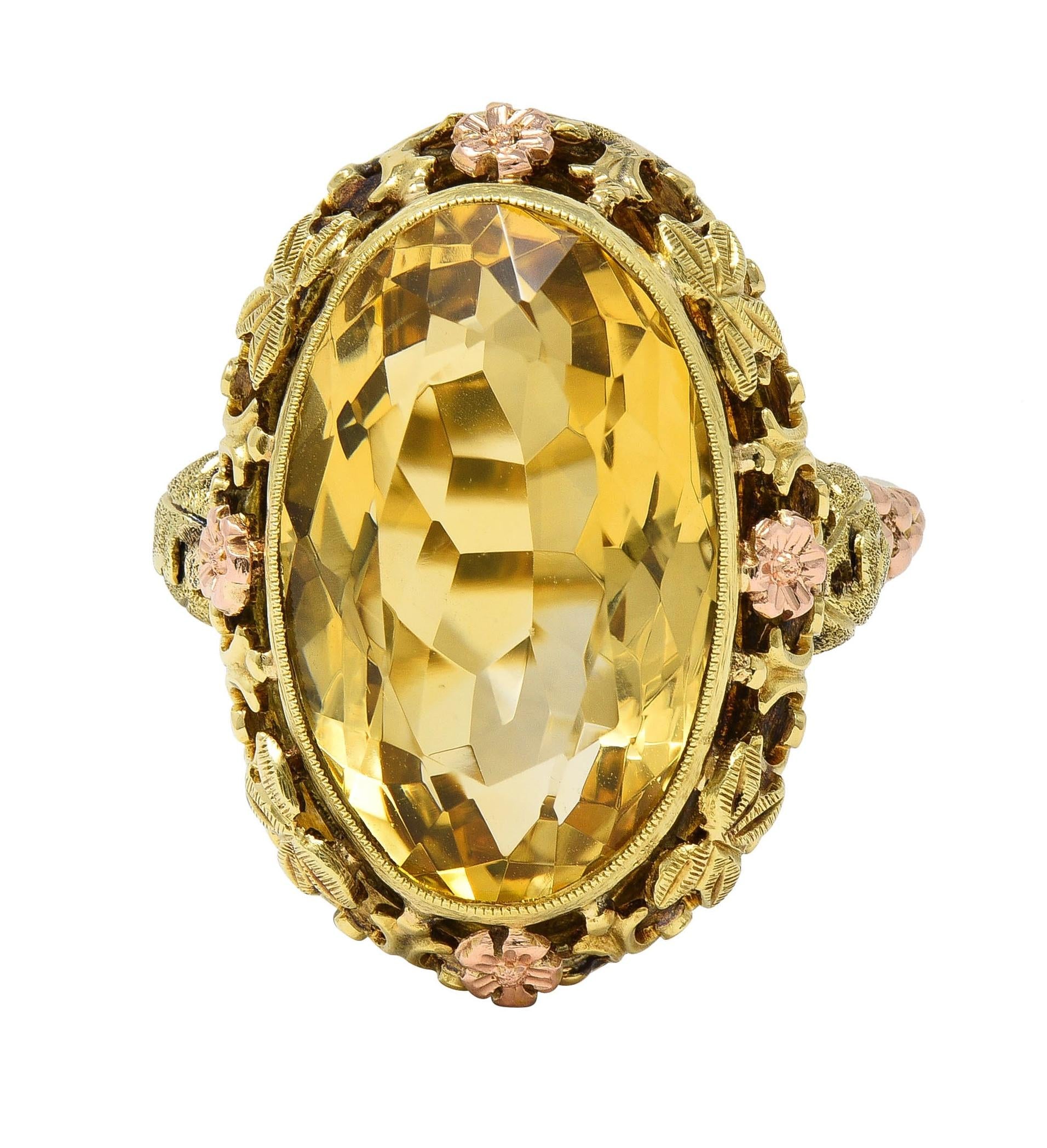 Art Deco 11.55 Citrine 14 Karat Two-Tone Gold Antique Grapevine Cocktail Ring