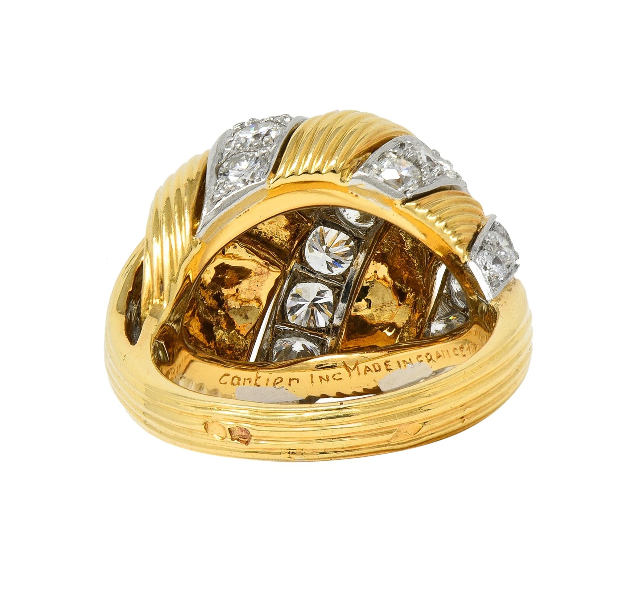 Cartier French 1950's 2.55 CTW Diamond Platinum 18K Gold Vintage Woven Dome Ring