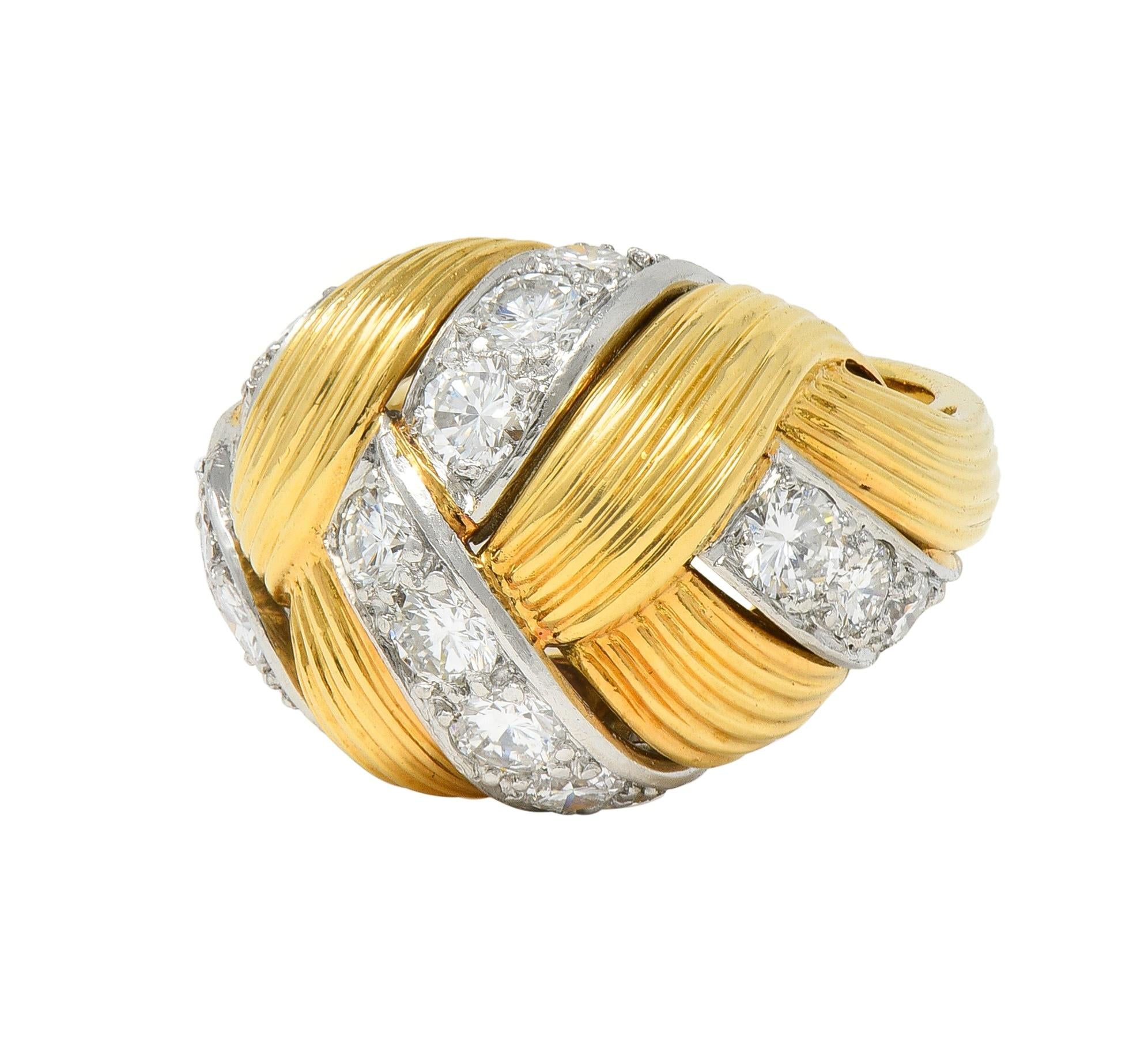Cartier French 1950's 2.55 CTW Diamond Platinum 18K Gold Vintage Woven Dome Ring