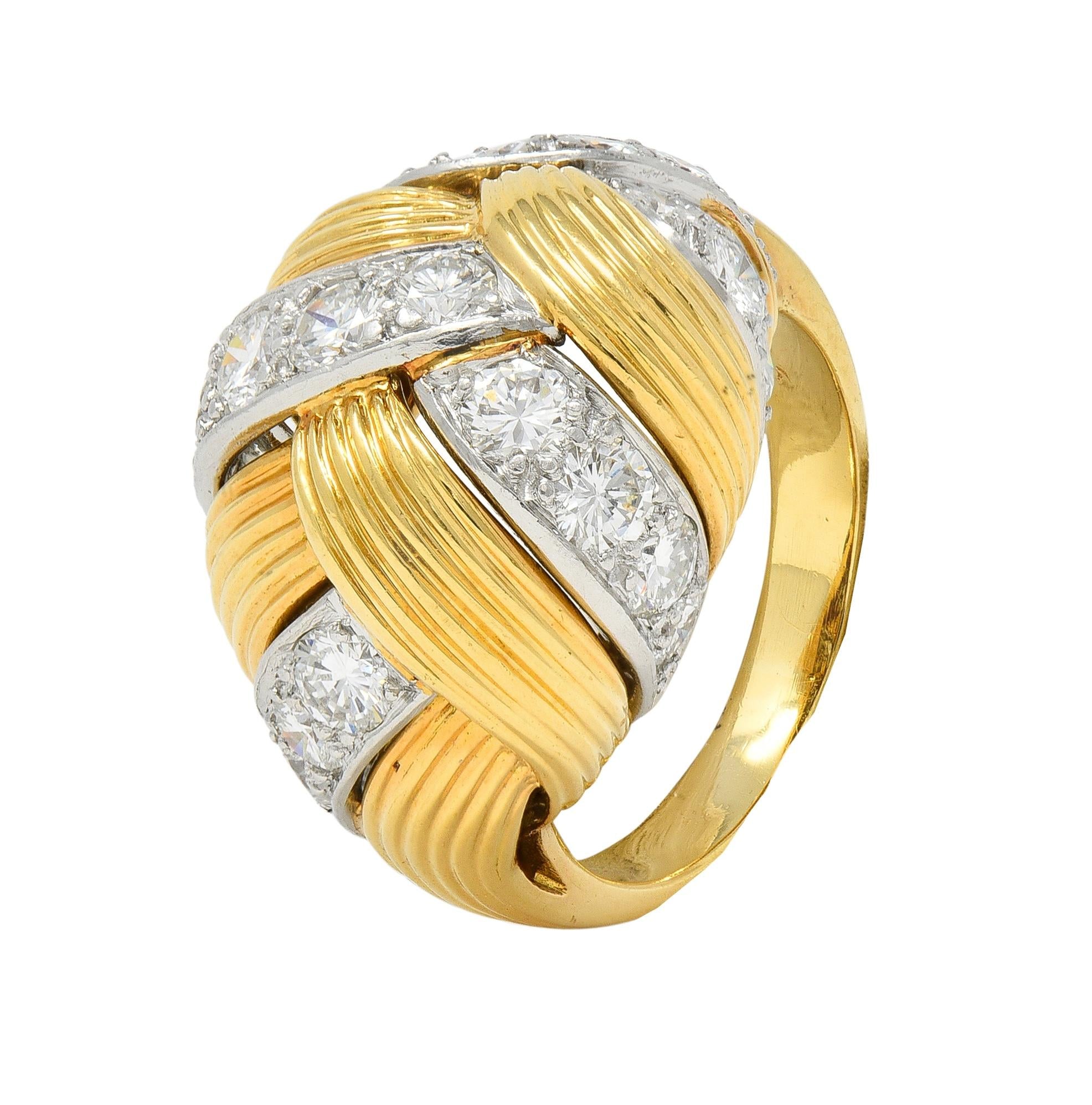 Cartier French 1950's 2.55 CTW Diamond Platinum 18K Gold Vintage Woven Dome Ring
