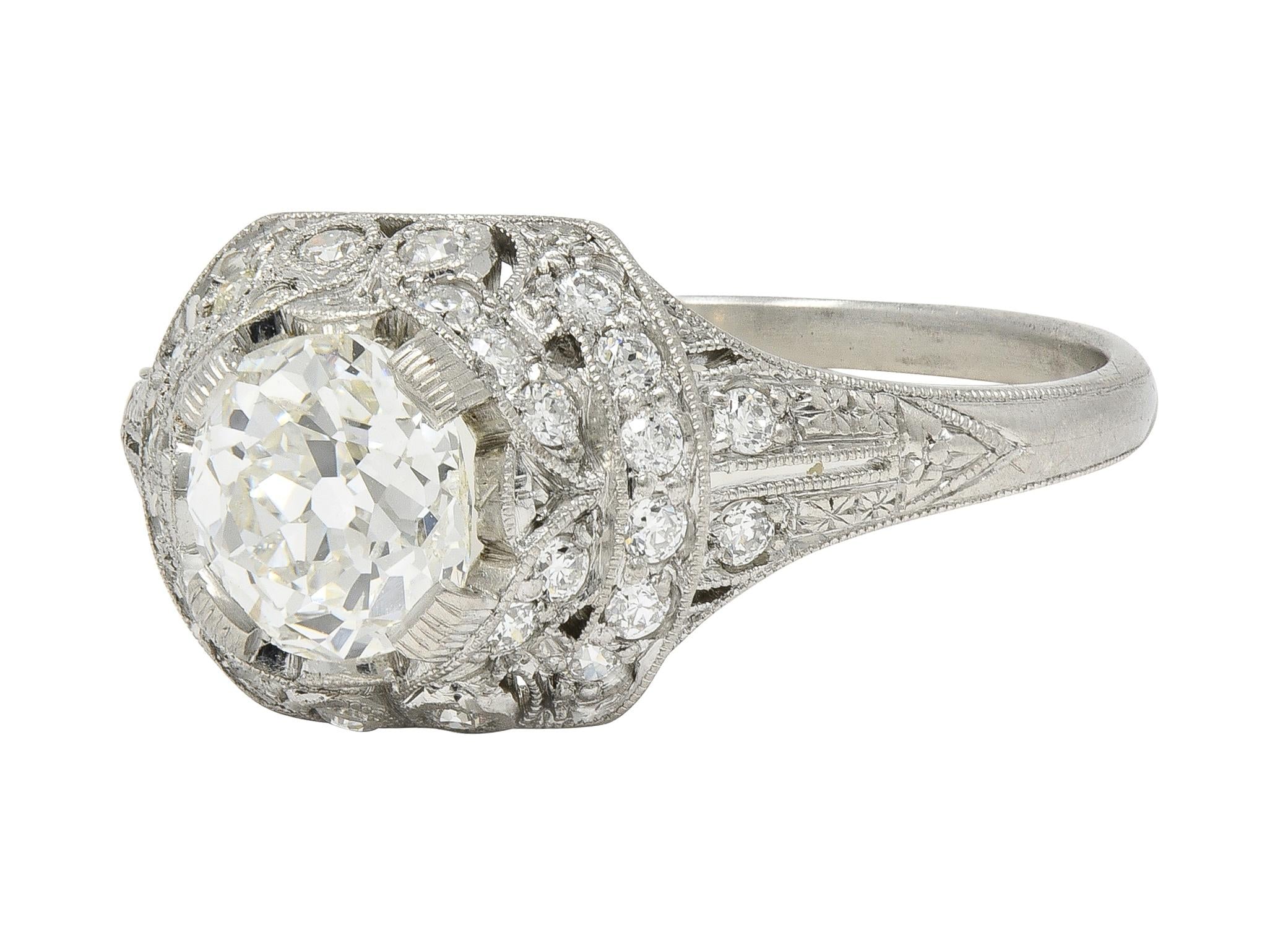 Art Deco 1.71 CTW Old Mine Cut Diamond Platinum Ribbon Vintage Engagement Ring