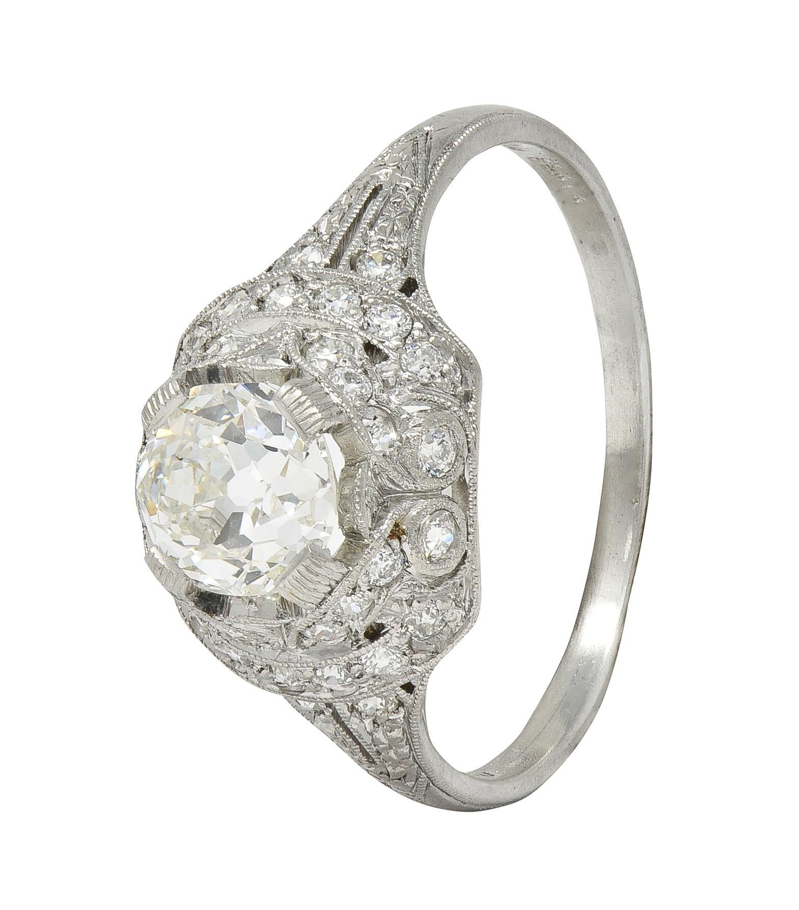 Art Deco 1.71 CTW Old Mine Cut Diamond Platinum Ribbon Vintage Engagement Ring