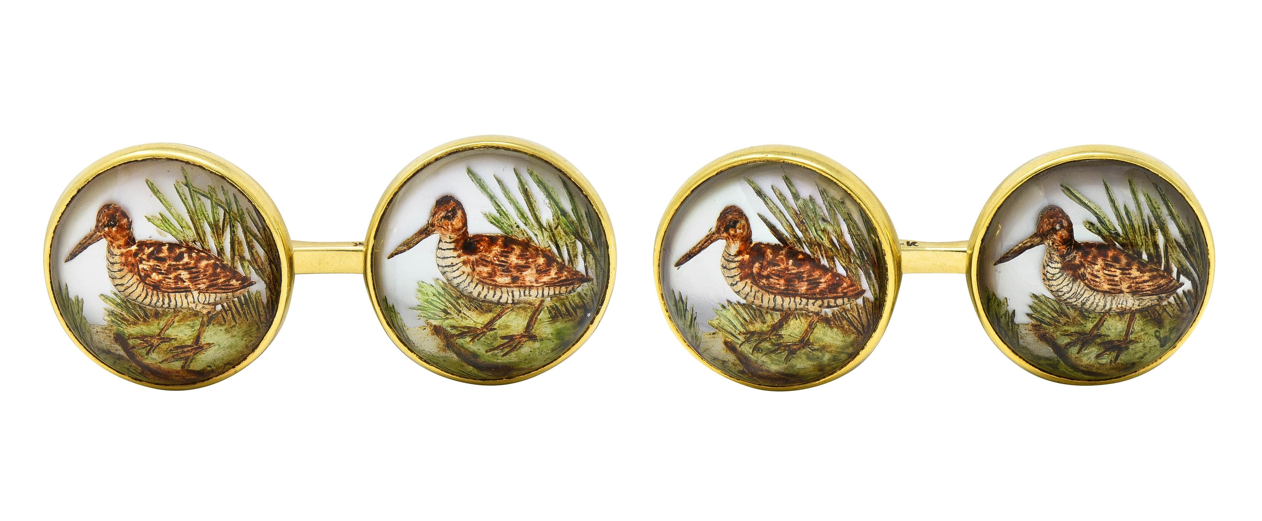 Art Deco 1937 Painted Essex Crystal 14 Karat Gold Vintage Snipe Bird Cufflinks