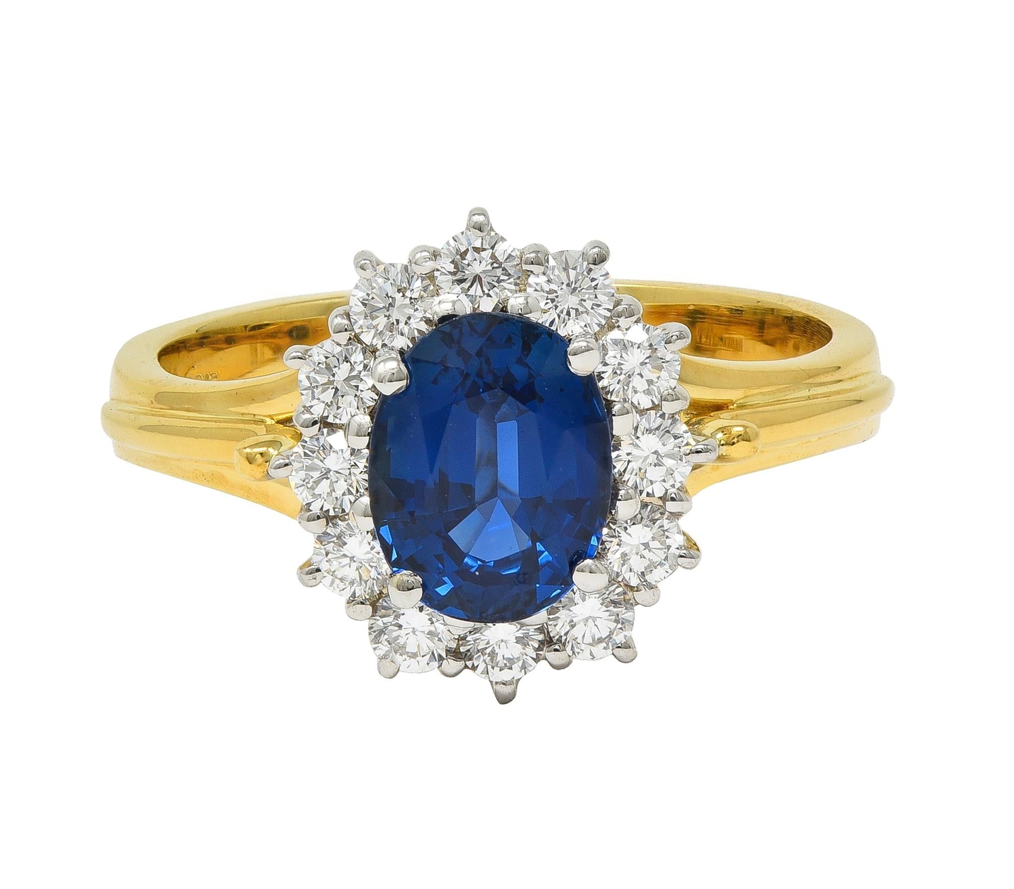 Spark 1990's 2.25 CTW Sapphire Diamond 18 Karat Two-Tone Gold Vintage Halo Ring