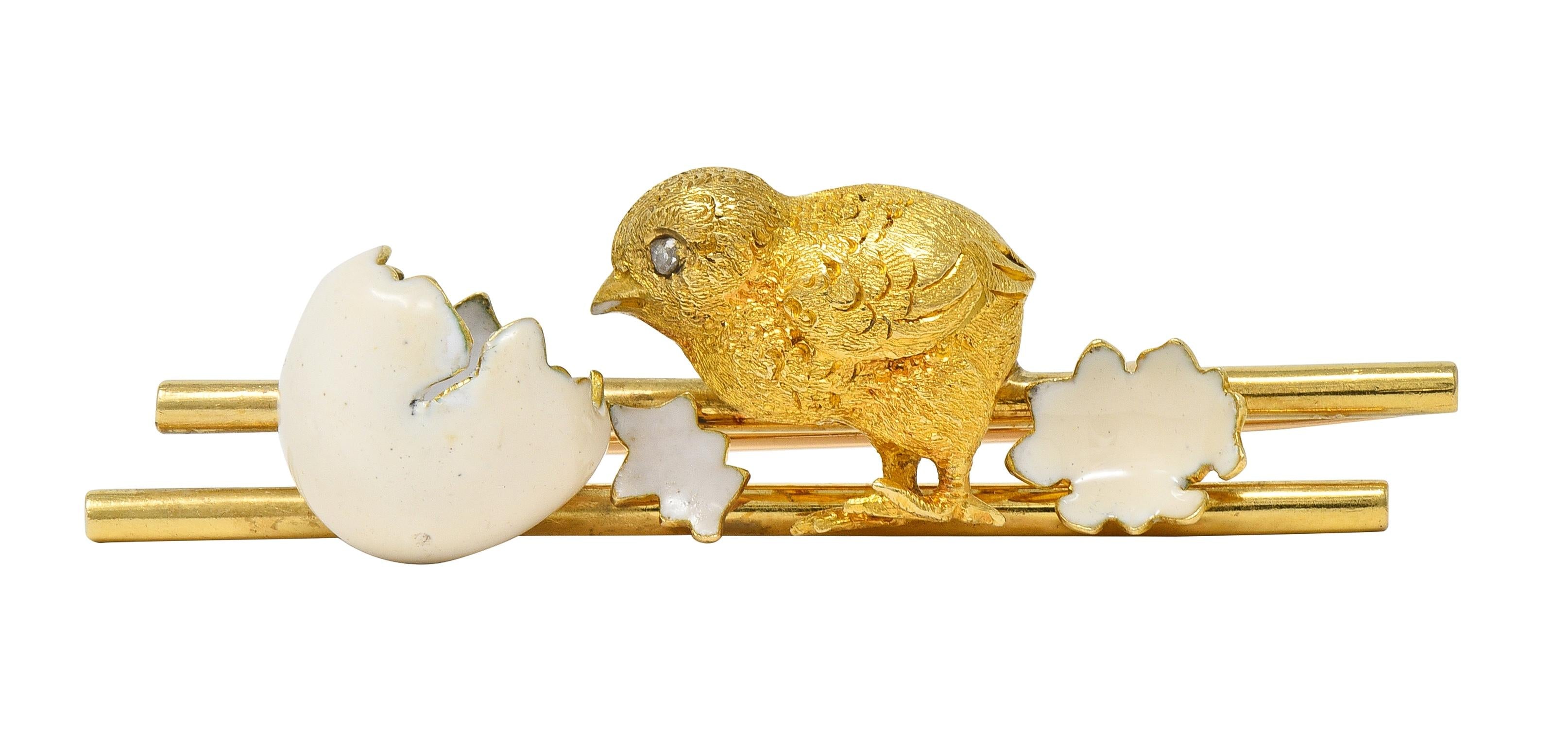 Victorian Diamond Enamel 18 Karat Yellow Gold Antique Baby Bird Hatchling Brooch