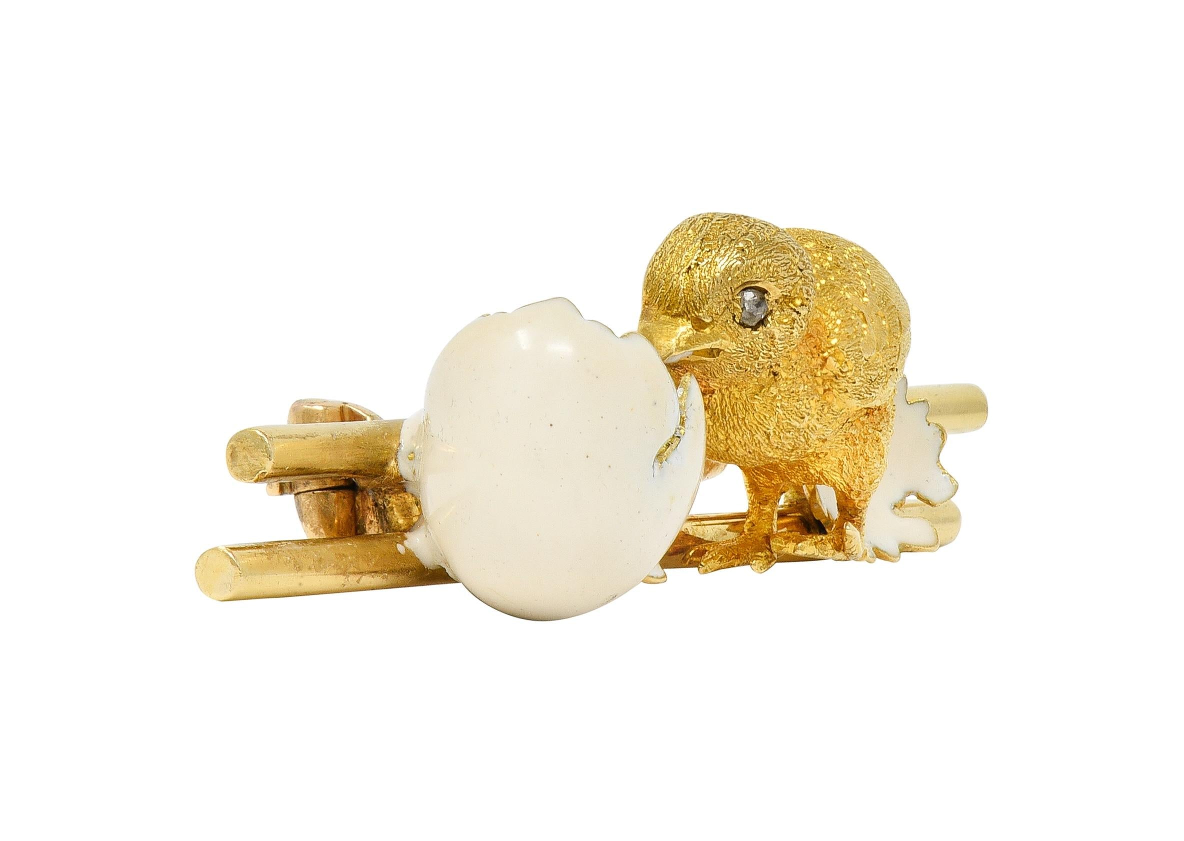 Victorian Diamond Enamel 18 Karat Yellow Gold Antique Baby Bird Hatchling Brooch