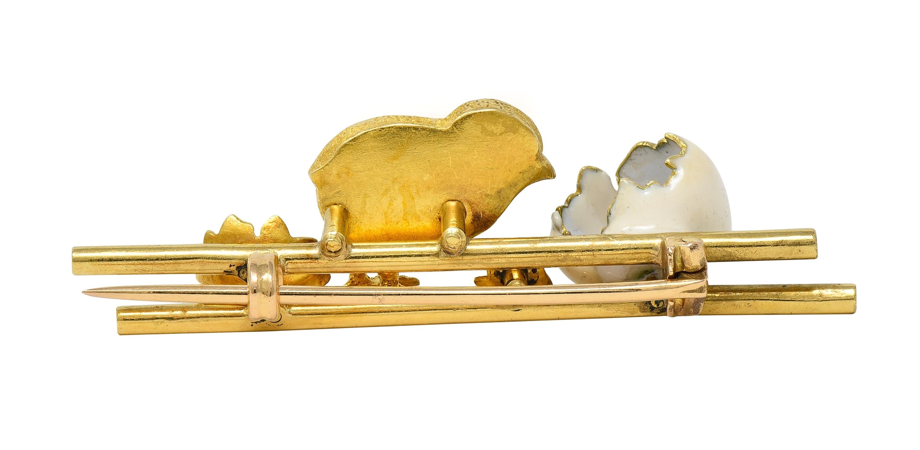 Victorian Diamond Enamel 18 Karat Yellow Gold Antique Baby Bird Hatchling Brooch