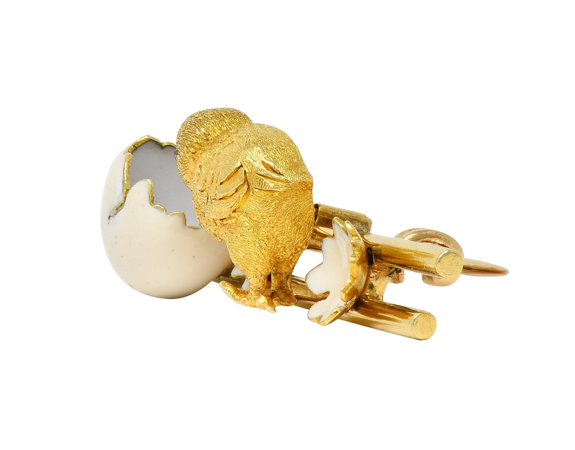 Victorian Diamond Enamel 18 Karat Yellow Gold Antique Baby Bird Hatchling Brooch