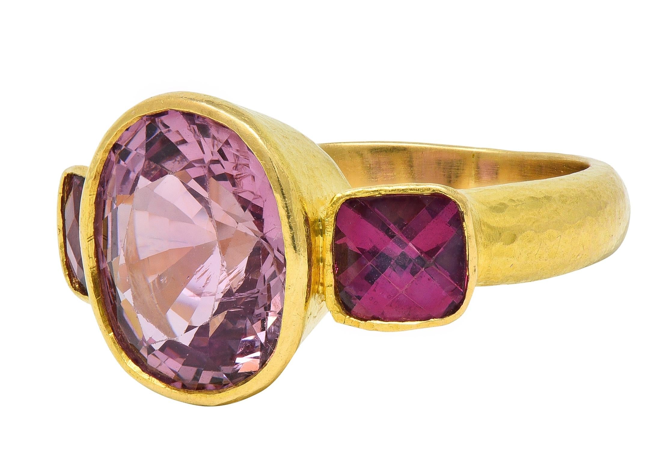 Elizabeth Locke Spinel Rhodolite Garnet 19 Karat Hammered Gold Gemstone Ring