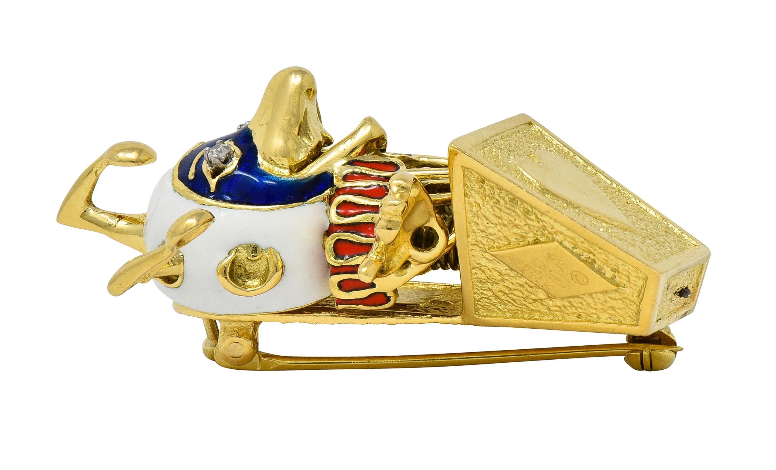 Peter Lindeman 1990's Diamond Enamel 18K Gold Vintage Jack-In-The-Box Brooch