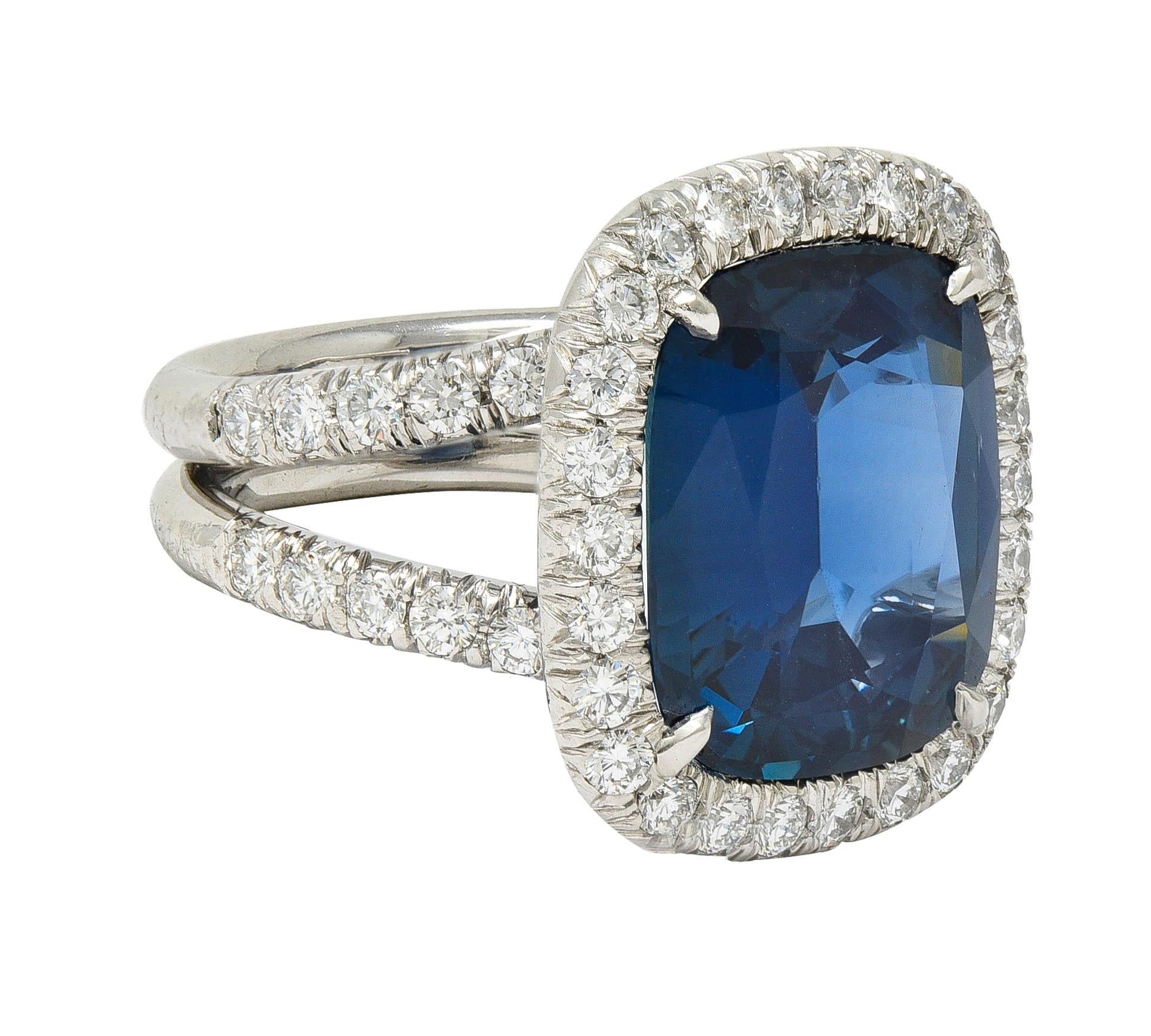 Contemporary 11.50 CTW No Heat Sapphire Diamond Platinum Halo Ring AGL