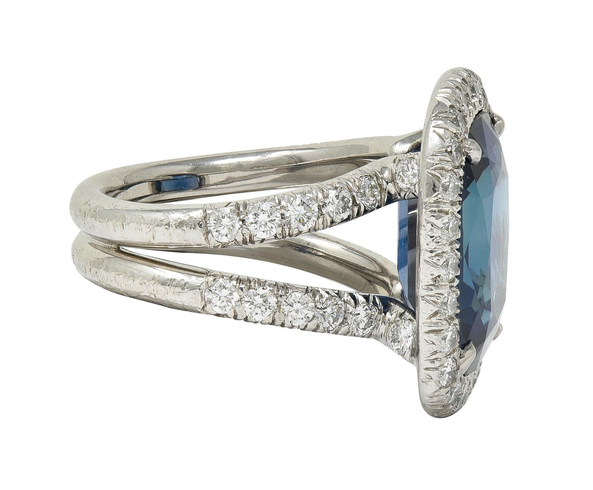 Contemporary 11.50 CTW No Heat Sapphire Diamond Platinum Halo Ring AGL