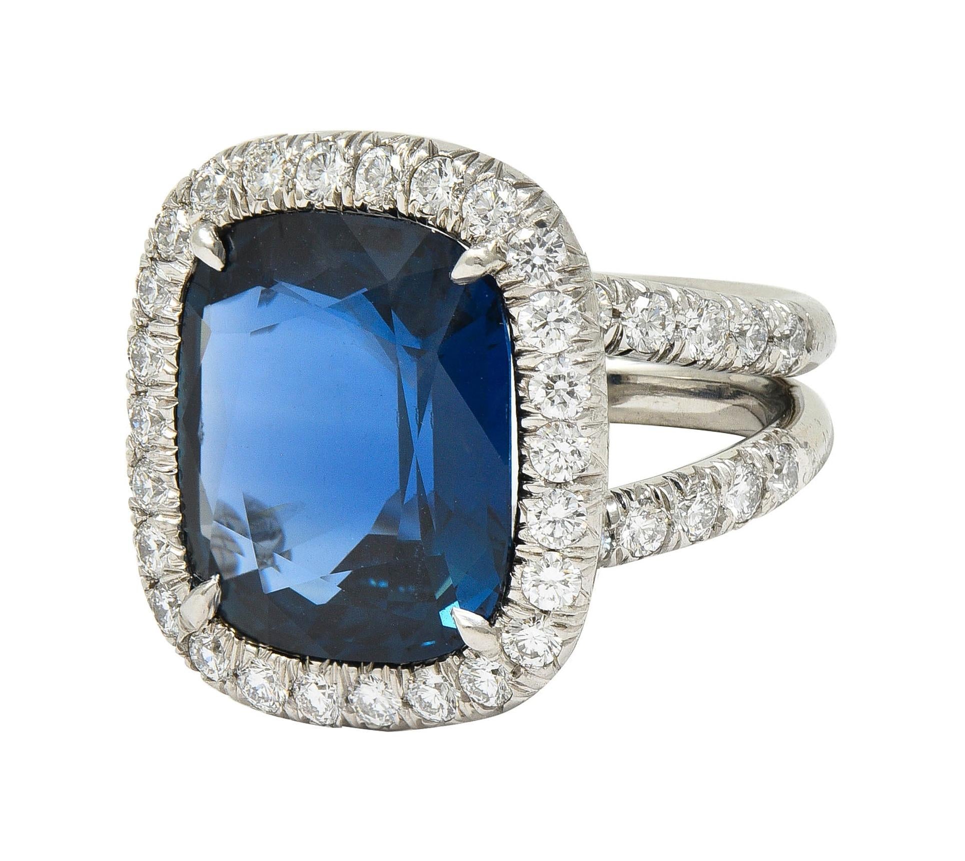 Contemporary 11.50 CTW No Heat Sapphire Diamond Platinum Halo Ring AGL