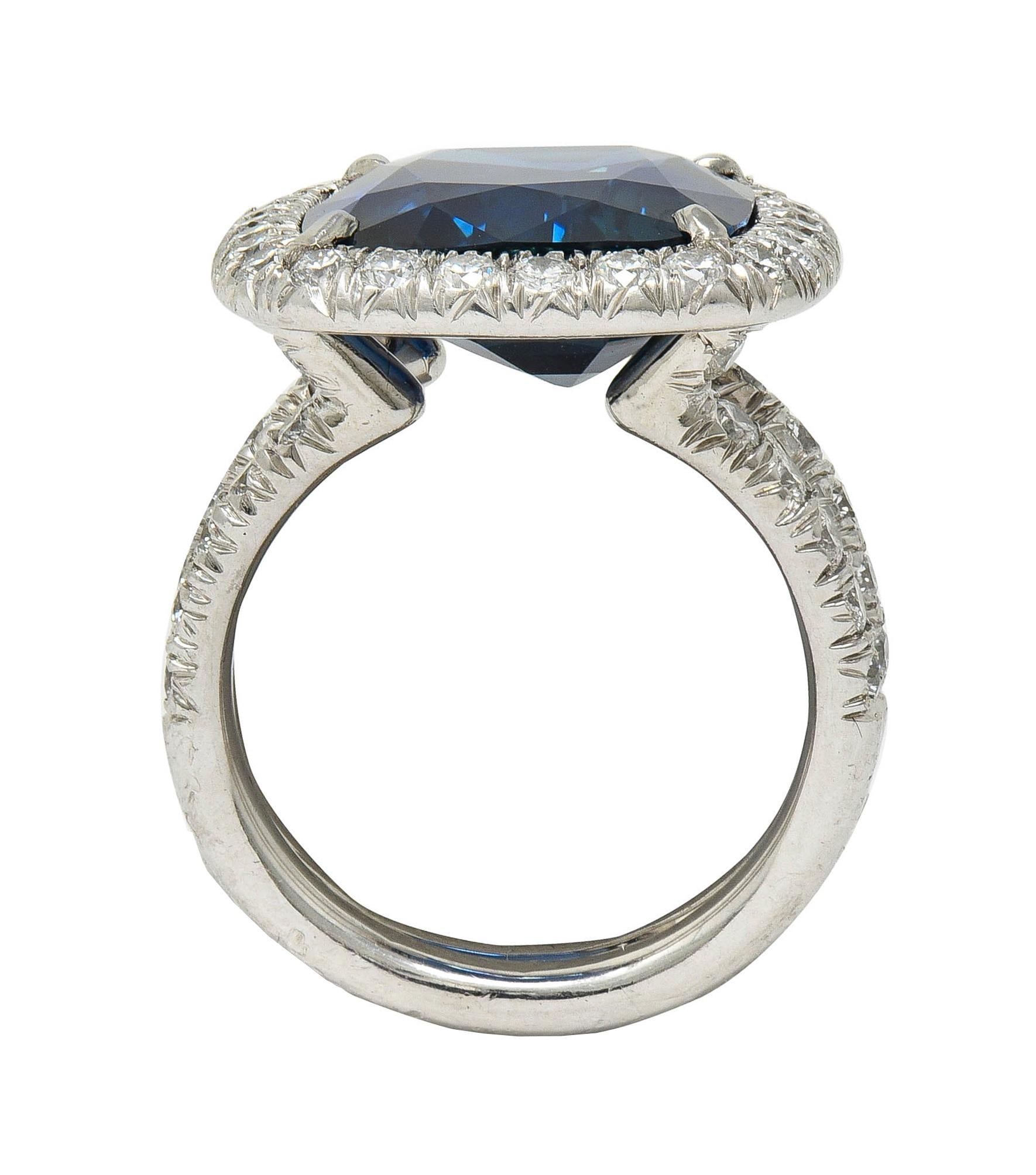 Contemporary 11.50 CTW No Heat Sapphire Diamond Platinum Halo Ring AGL