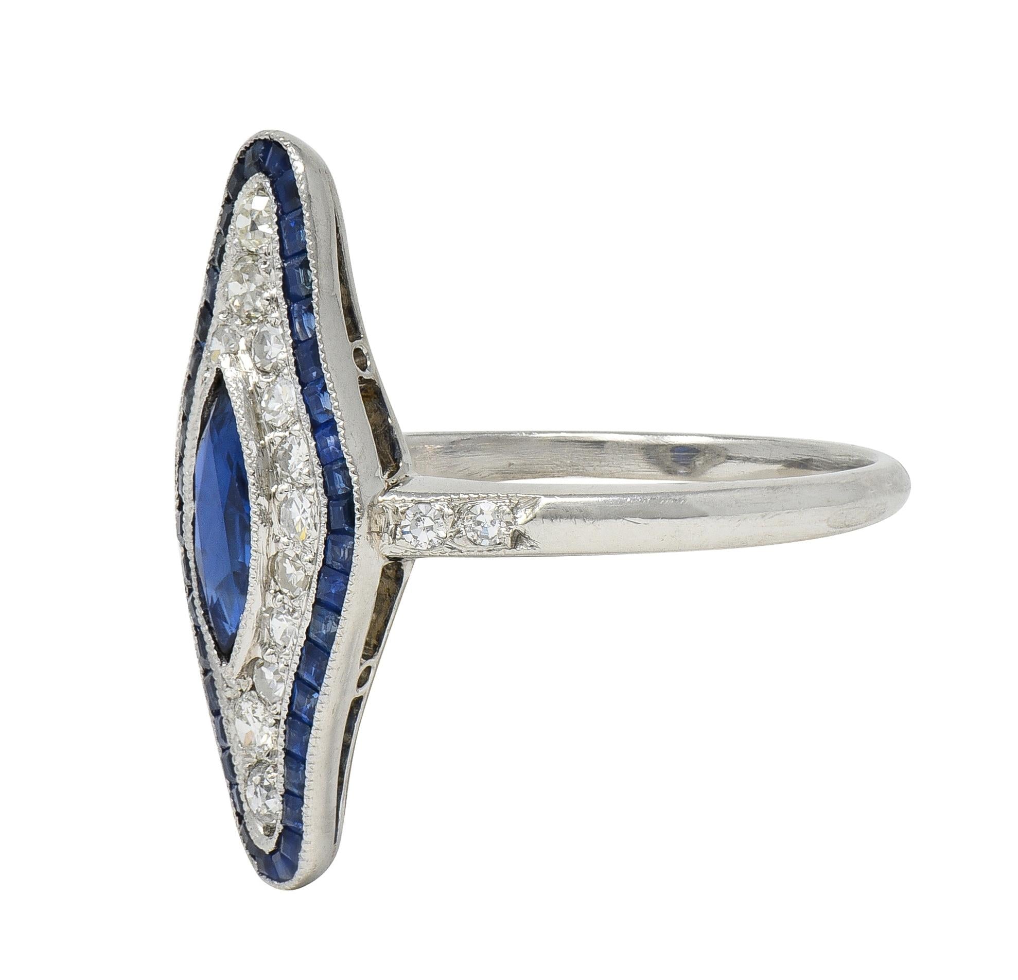 Art Deco 1.30 CTW Sapphire Diamond Platinum Vintage Navette Halo Dinner Ring