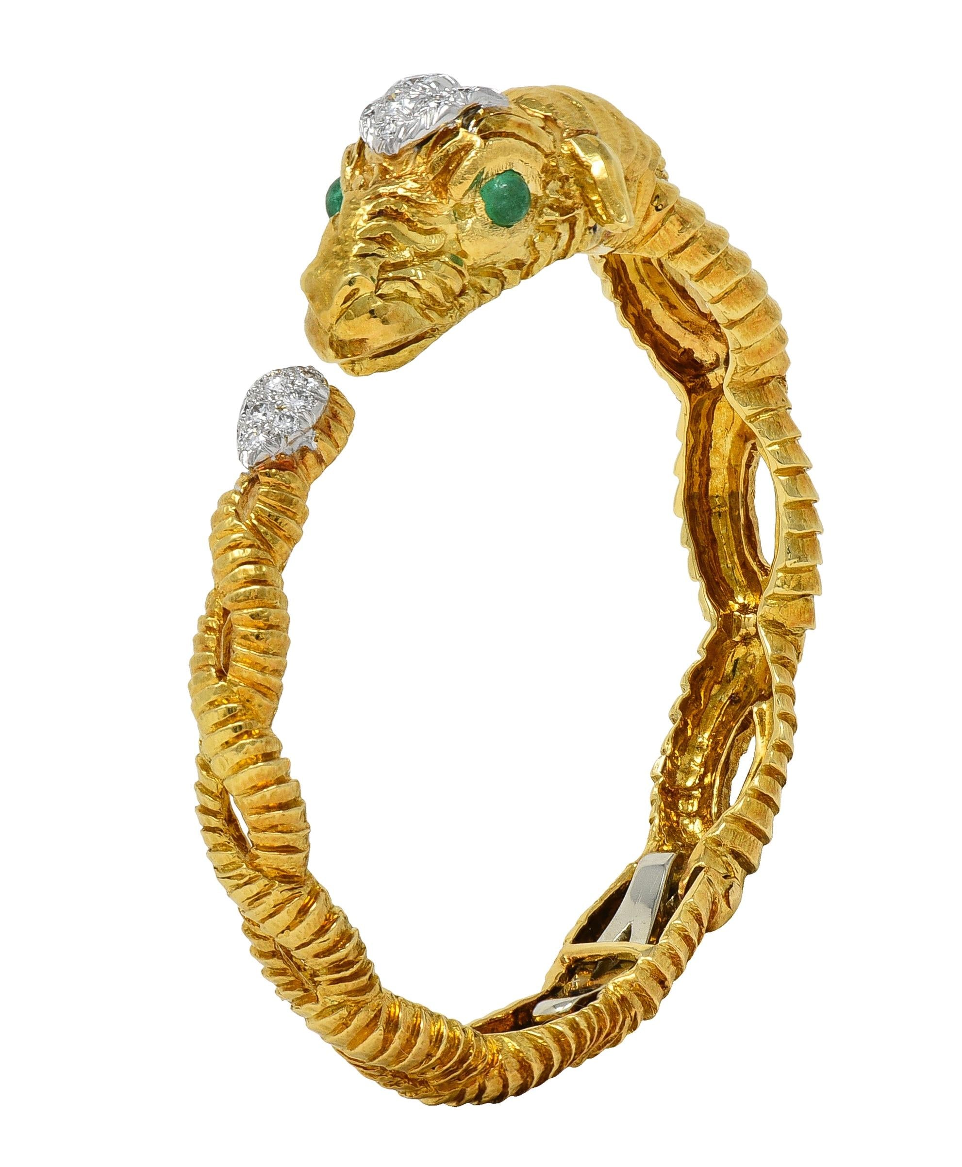 David Webb 1980's Emerald Diamond 18 Karat Platinum Aries Ram Animal Bracelet