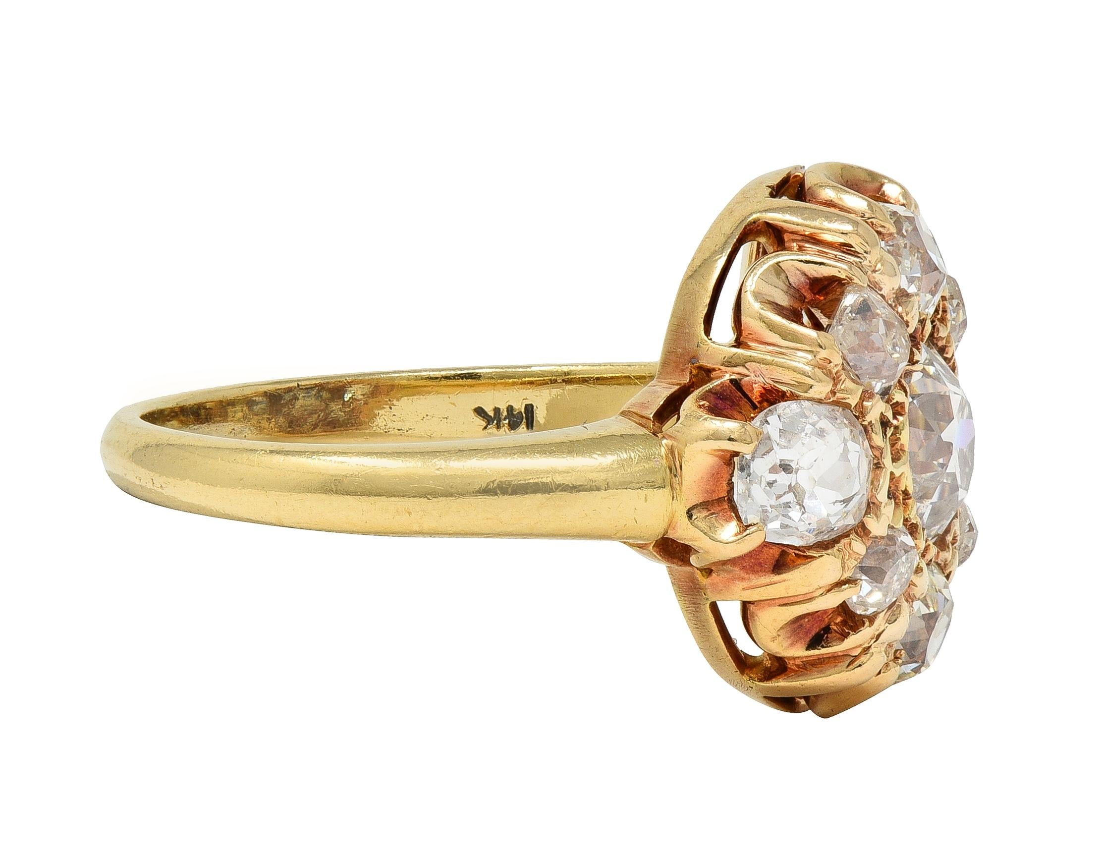 Victorian Old European Cut Diamond 14 Karat Yellow Gold Antique Cluster Ring