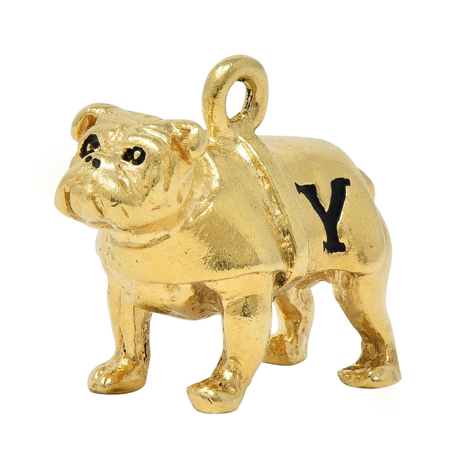 1950's Enamel 14 Karat Yellow Gold Vintage Yale Bulldog Dog Pendant Charm
