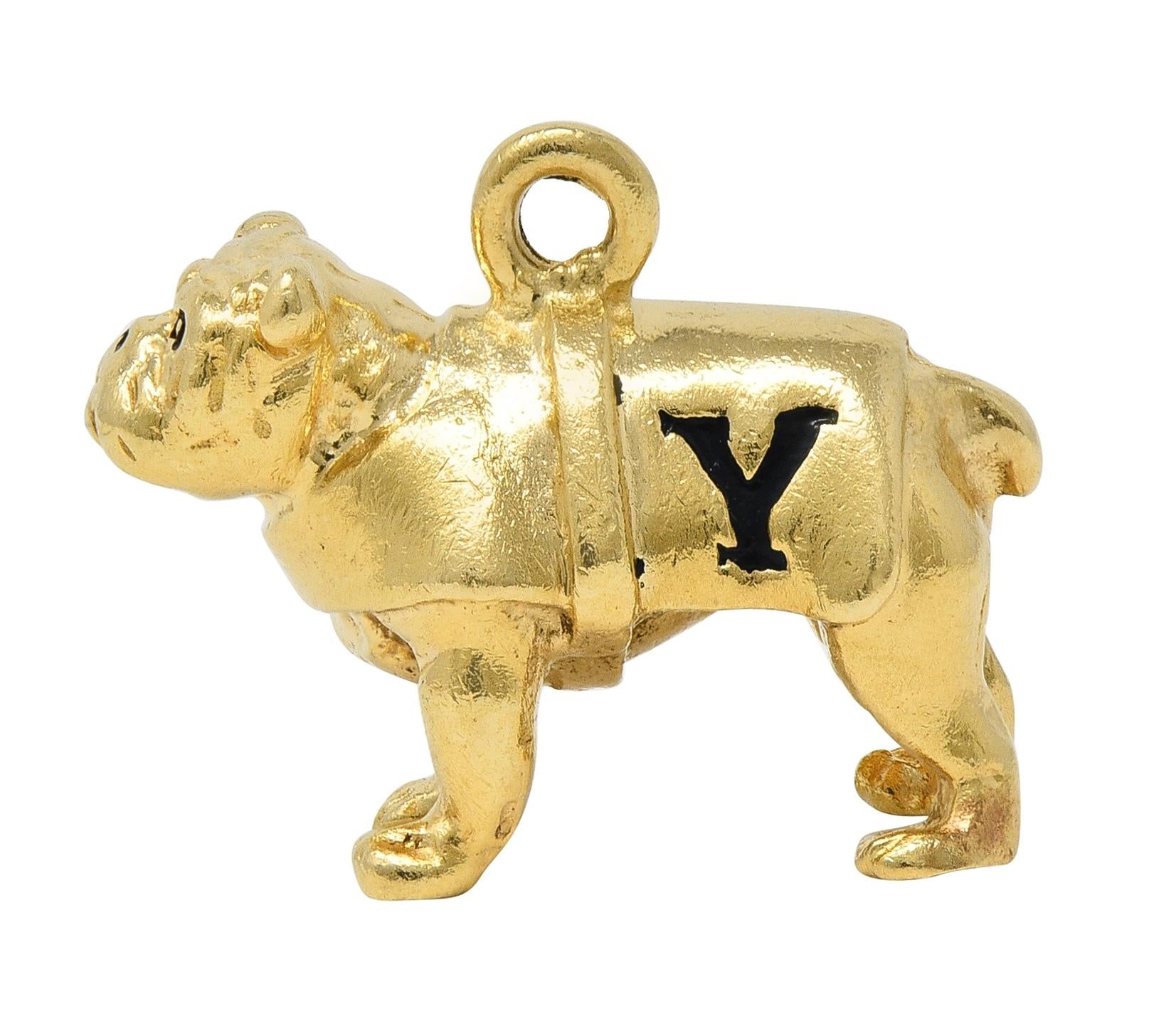 1950's Enamel 14 Karat Yellow Gold Vintage Yale Bulldog Dog Pendant Charm