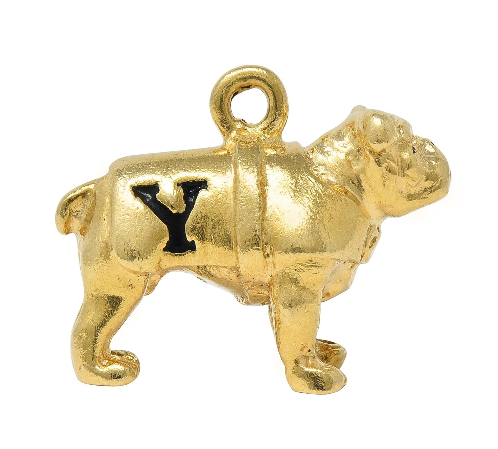1950's Enamel 14 Karat Yellow Gold Vintage Yale Bulldog Dog Pendant Charm