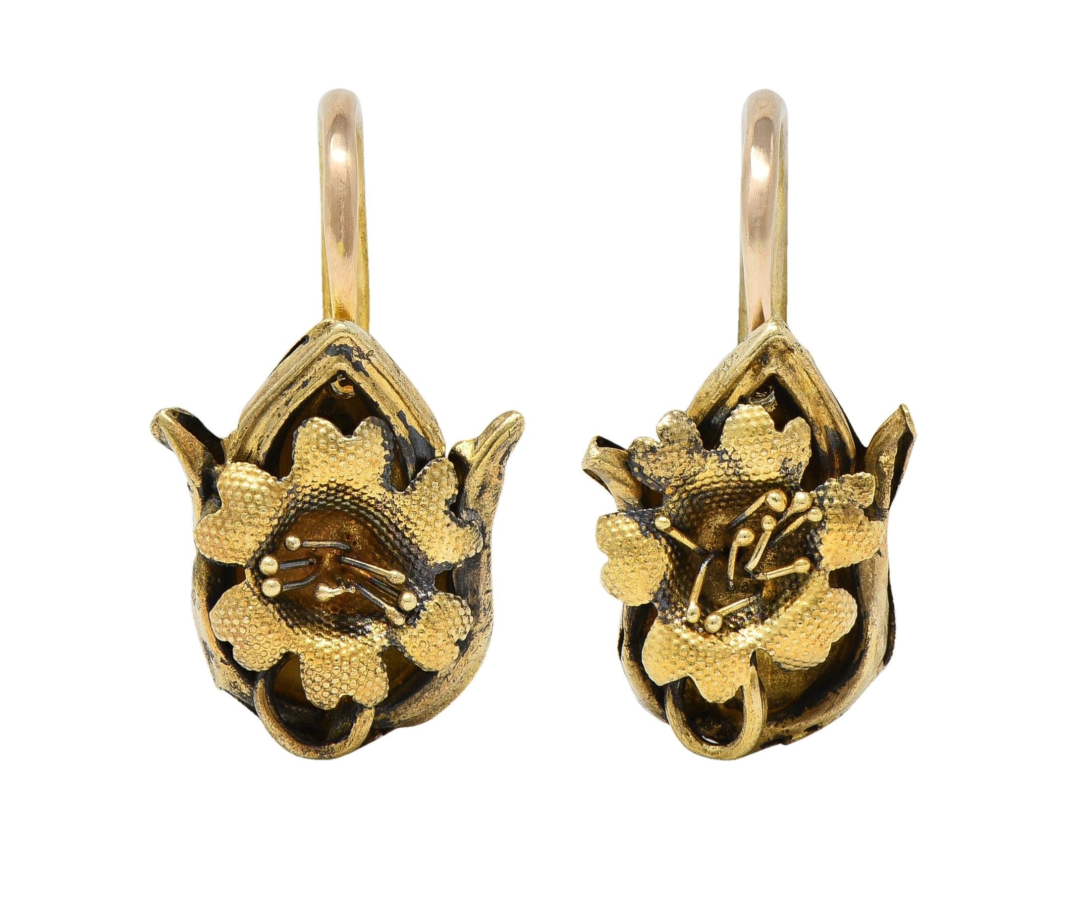 Victorian Etruscan Revival 18 Karat Yellow Antique Day-to-Night Drop Earrings