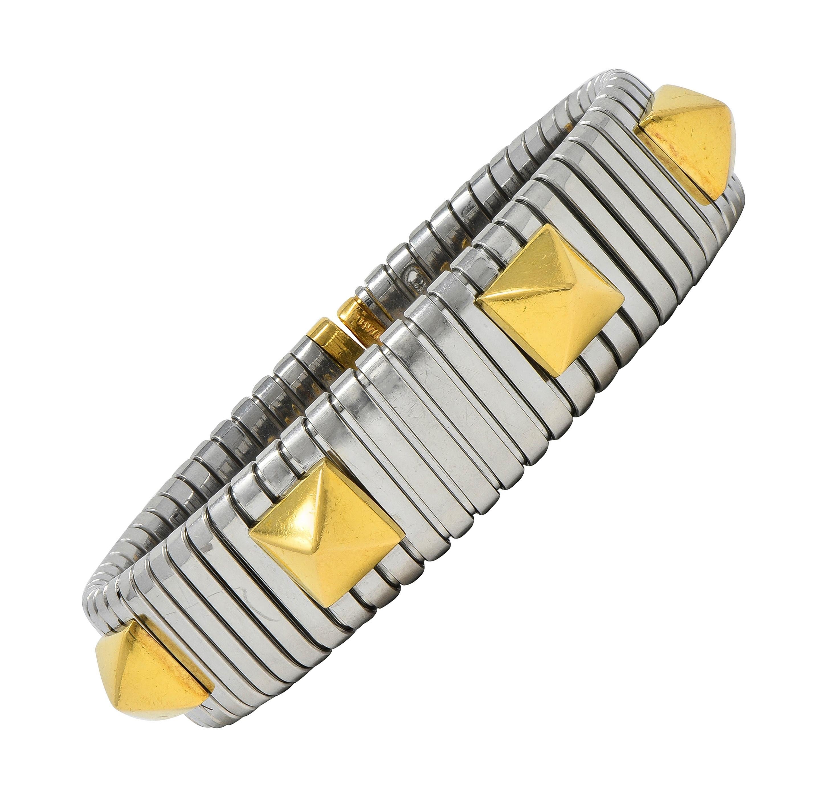 Bulgari 1990's 18 Karat Yellow Gold Steel Stud Tubogas Vintage Cuff Bracelet