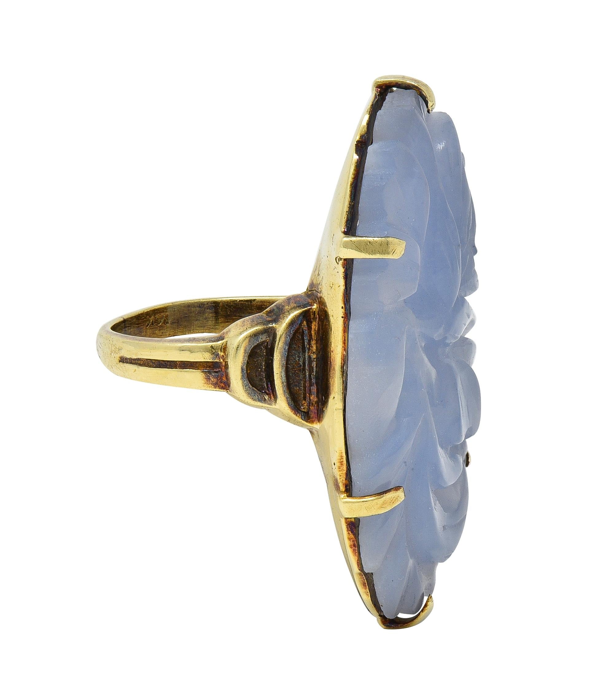 Early Art Deco Blue Chalcedony 14 Karat Yellow Gold Antique Flower Ring