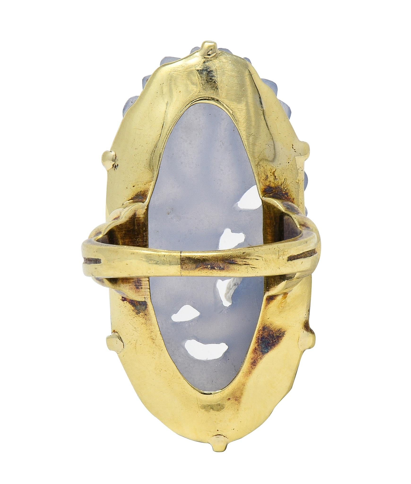 Early Art Deco Blue Chalcedony 14 Karat Yellow Gold Antique Flower Ring