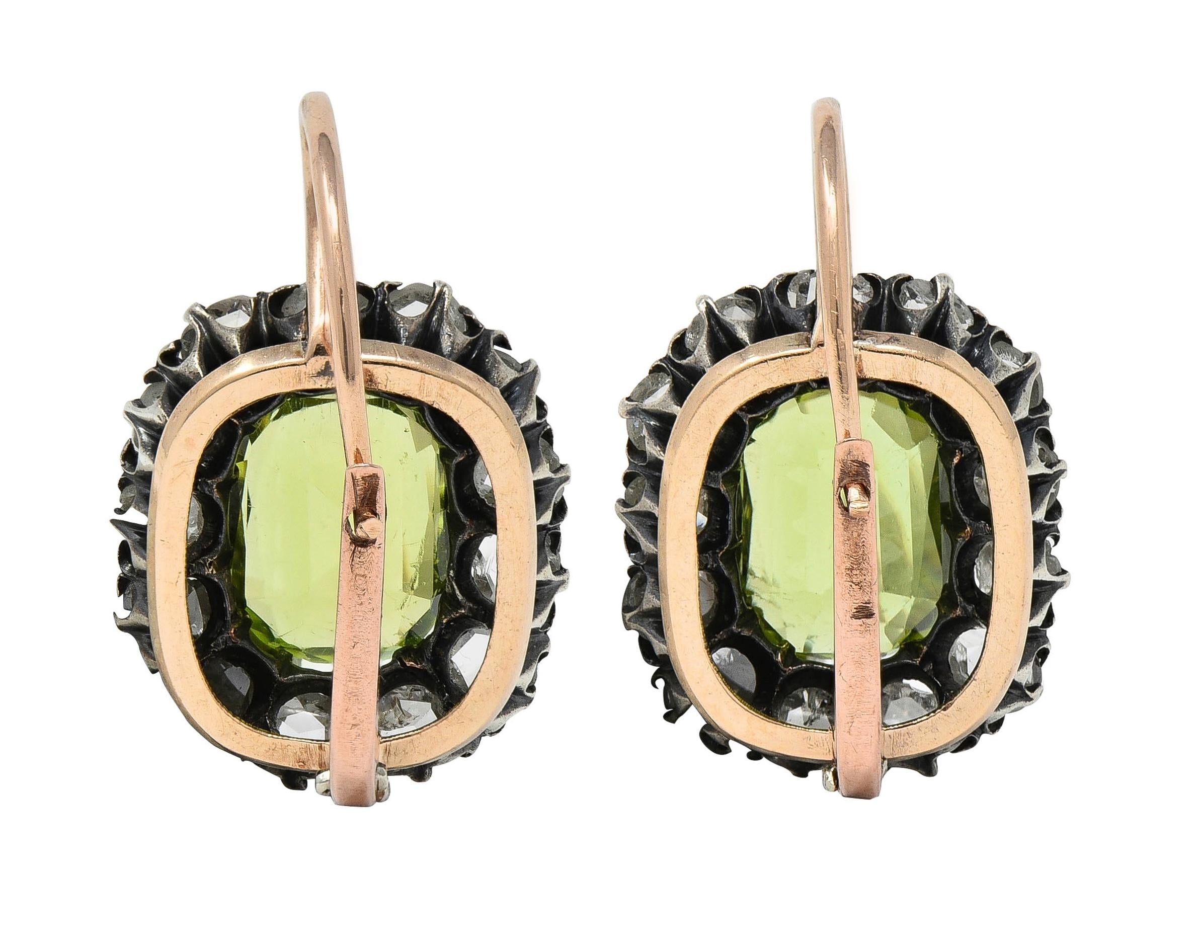Victorian 6.05 CTW Peridot Diamond Silver 14K Gold Antique Halo Drop Earrings