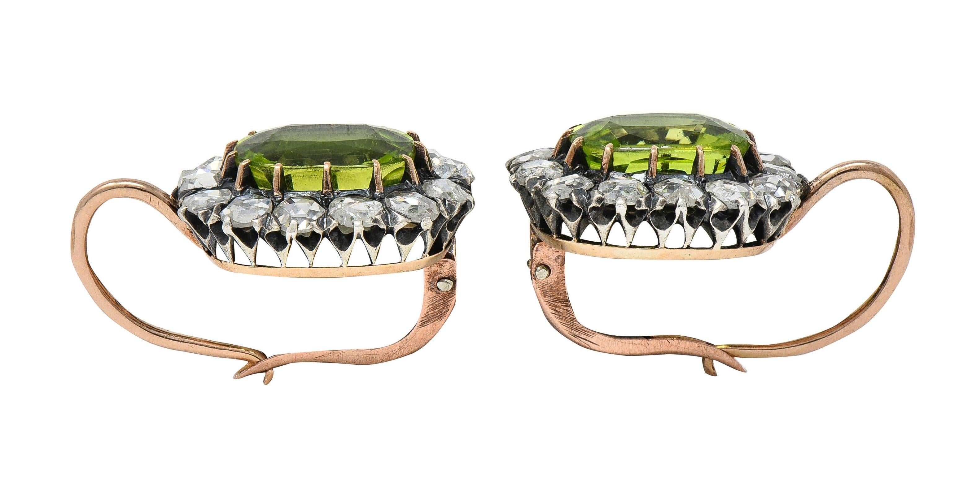 Victorian 6.05 CTW Peridot Diamond Silver 14K Gold Antique Halo Drop Earrings