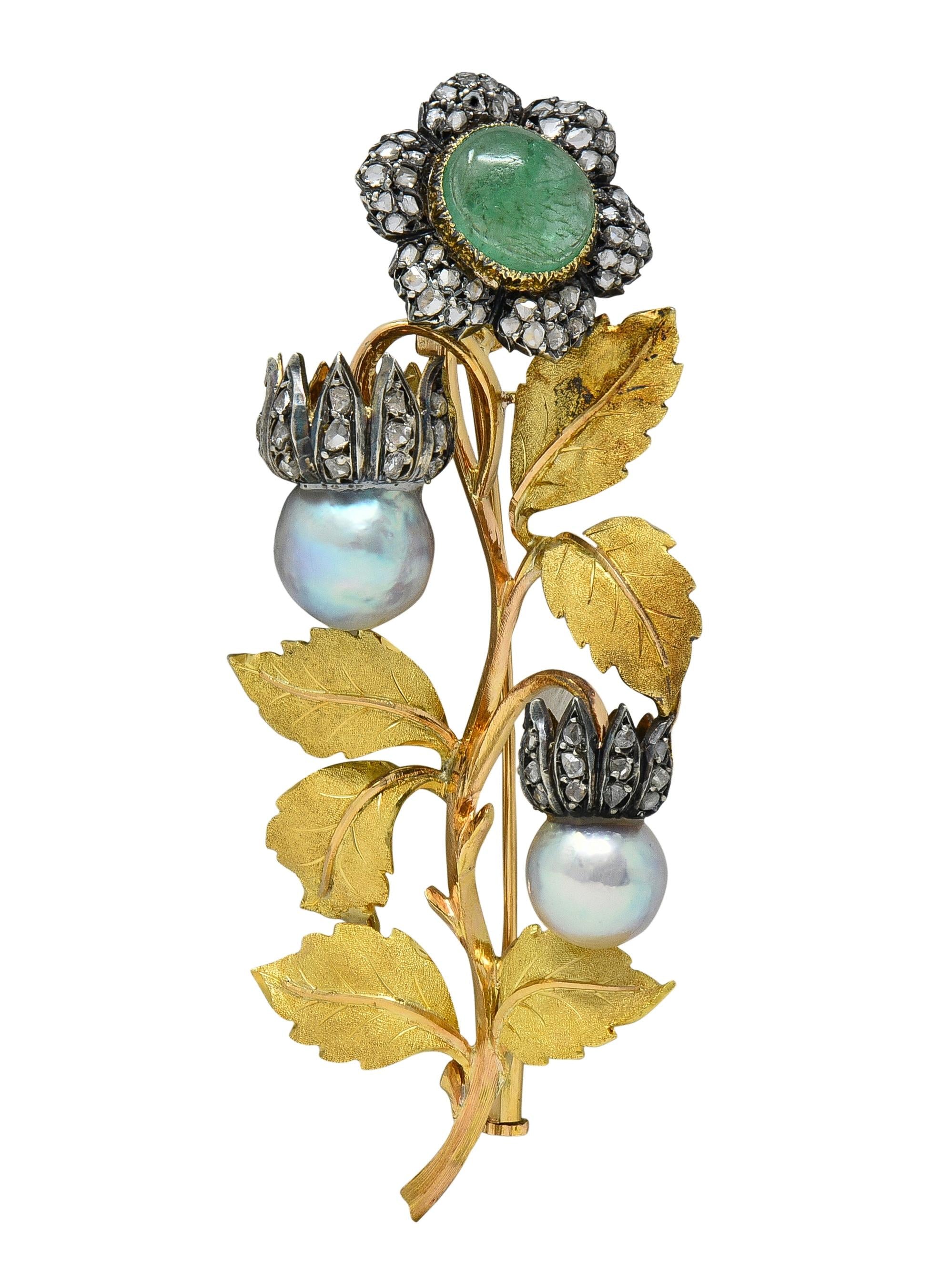 Buccellati 1950's Emerald Diamond Pearl 18K Yellow Gold Vintage Flower Brooch