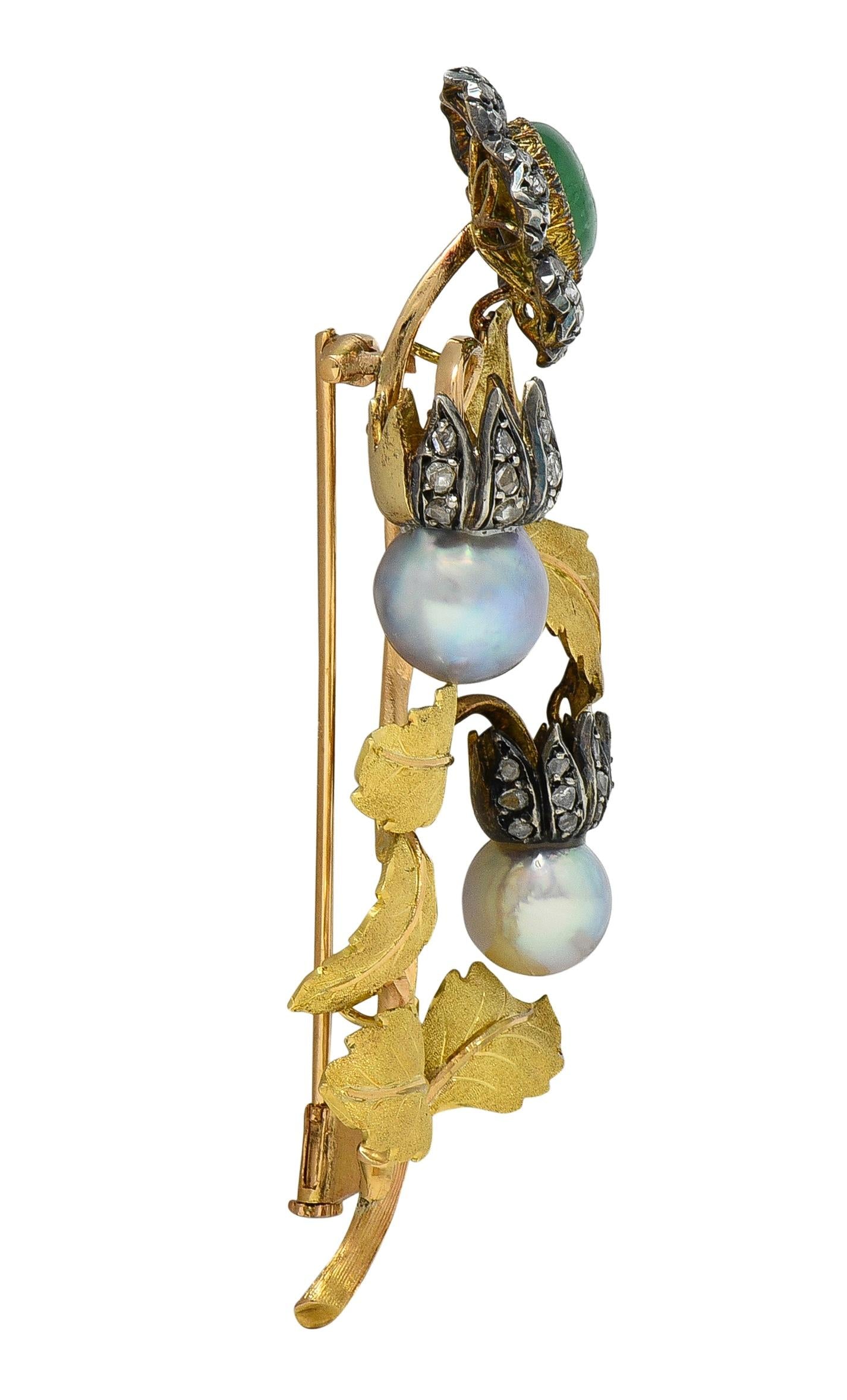 Buccellati 1950's Emerald Diamond Pearl 18K Yellow Gold Vintage Flower Brooch