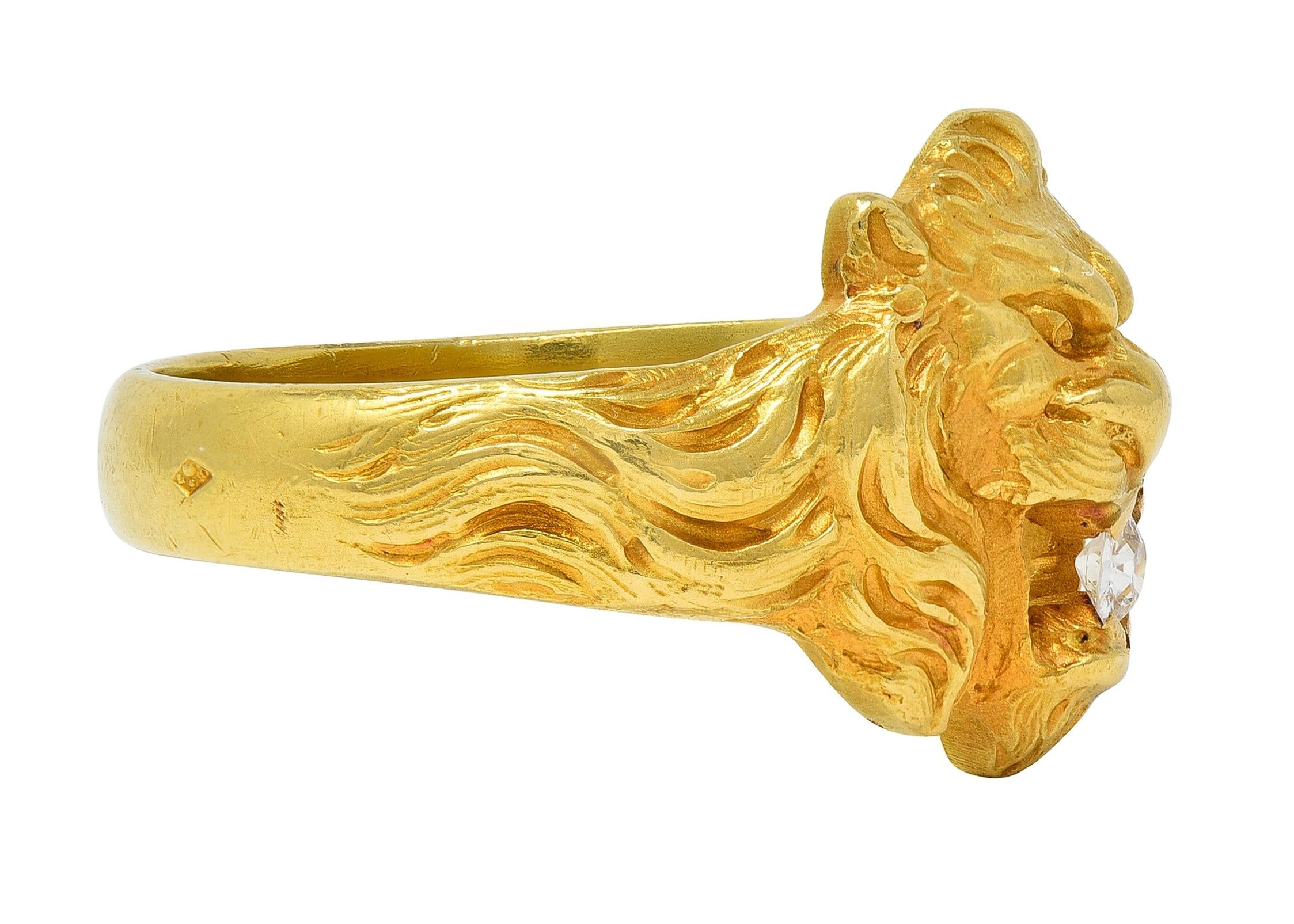 Art Nouveau French 1924 Diamond 18 Karat Yellow Gold Antique Lion Ring