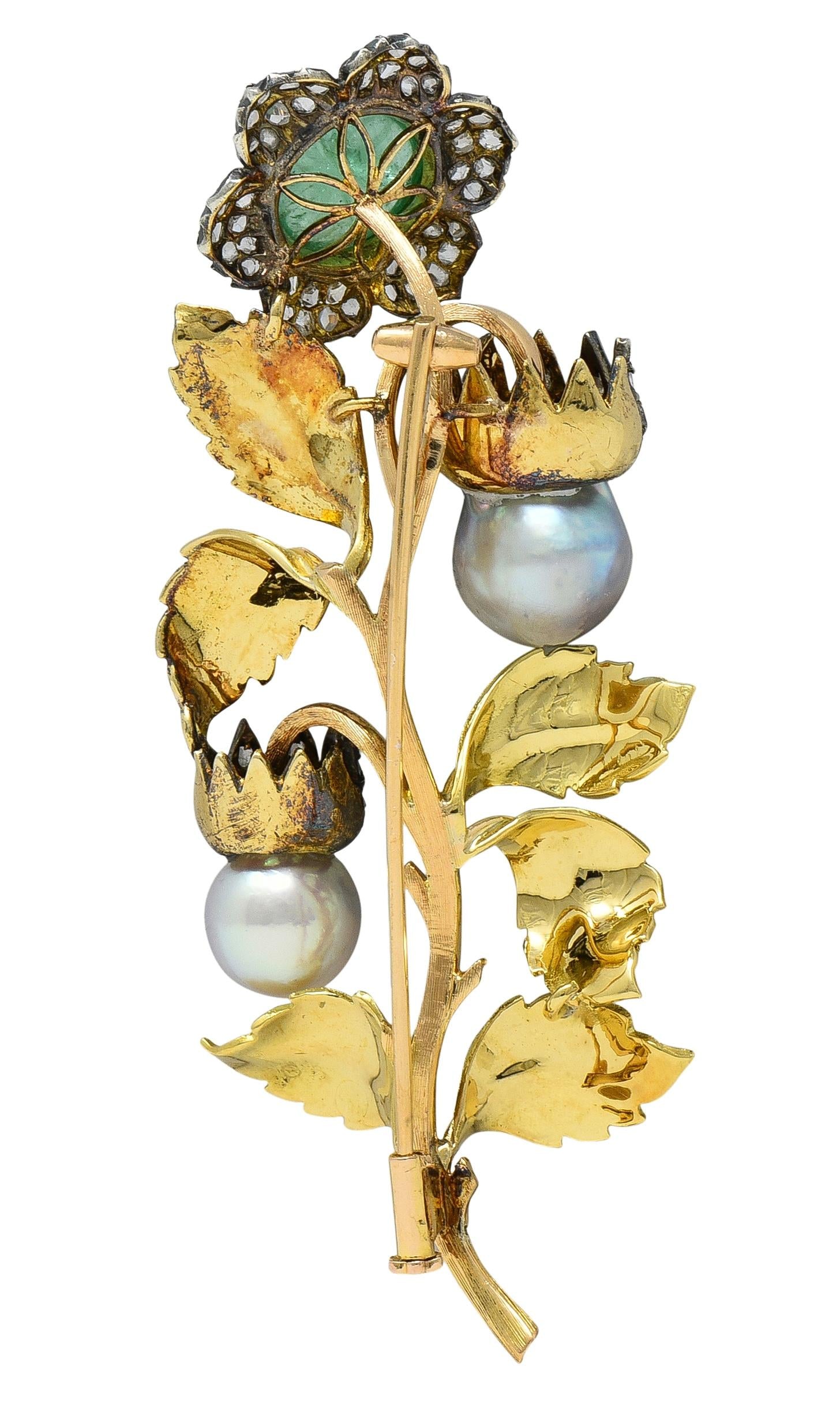 Buccellati 1950's Emerald Diamond Pearl 18K Yellow Gold Vintage Flower Brooch