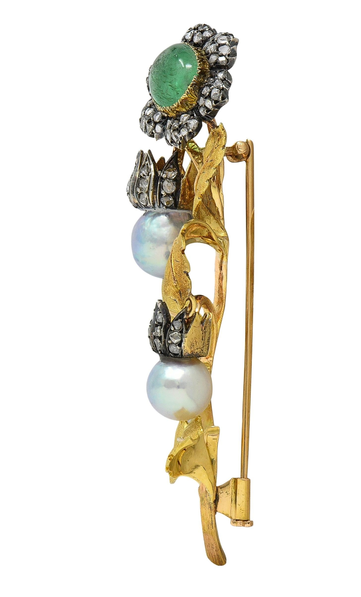 Buccellati 1950's Emerald Diamond Pearl 18K Yellow Gold Vintage Flower Brooch