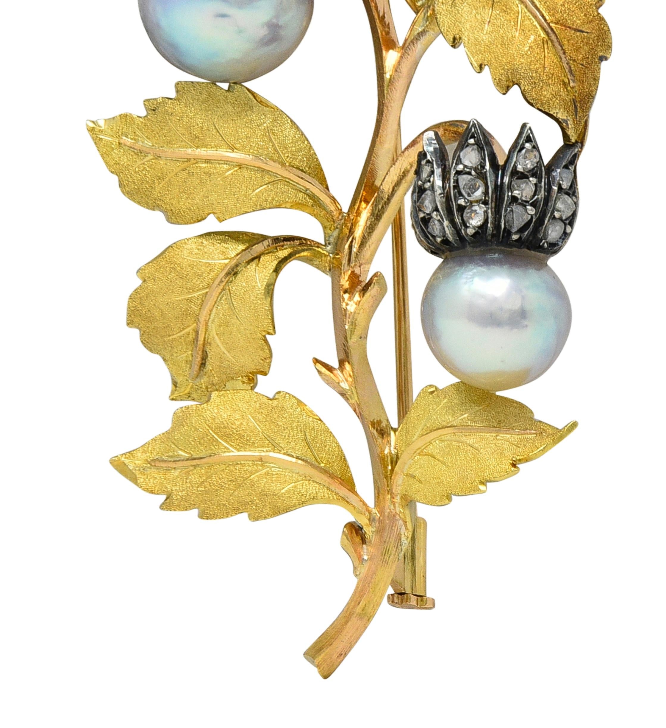 Buccellati 1950's Emerald Diamond Pearl 18K Yellow Gold Vintage Flower Brooch