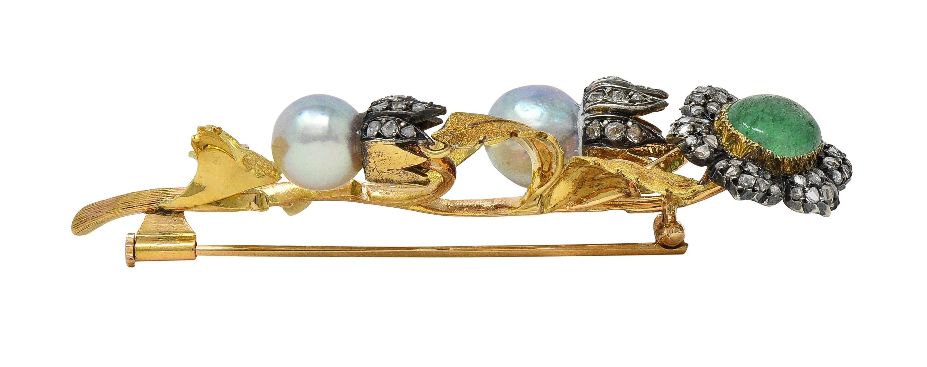Buccellati 1950's Emerald Diamond Pearl 18K Yellow Gold Vintage Flower Brooch