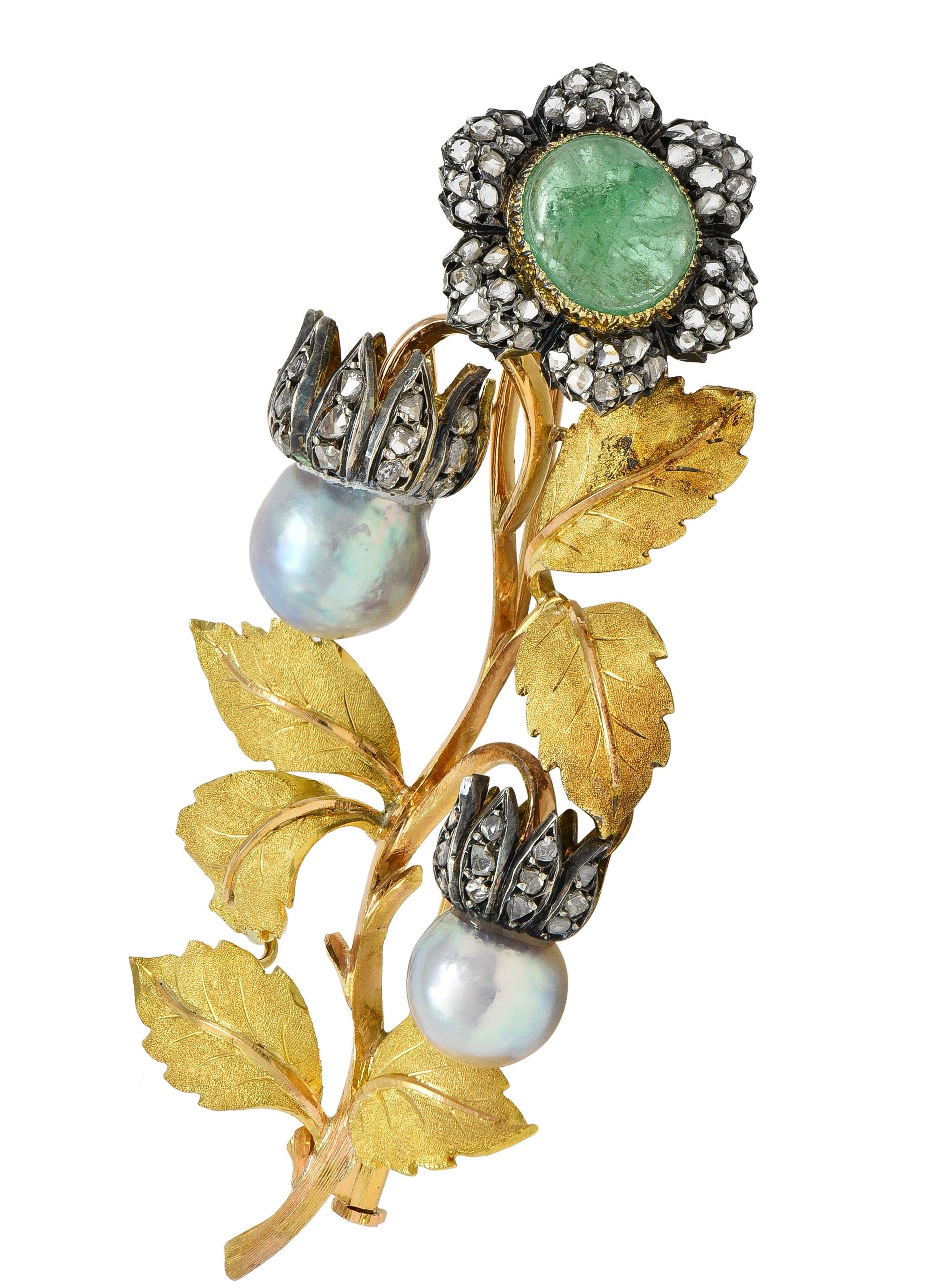 Buccellati 1950's Emerald Diamond Pearl 18K Yellow Gold Vintage Flower Brooch