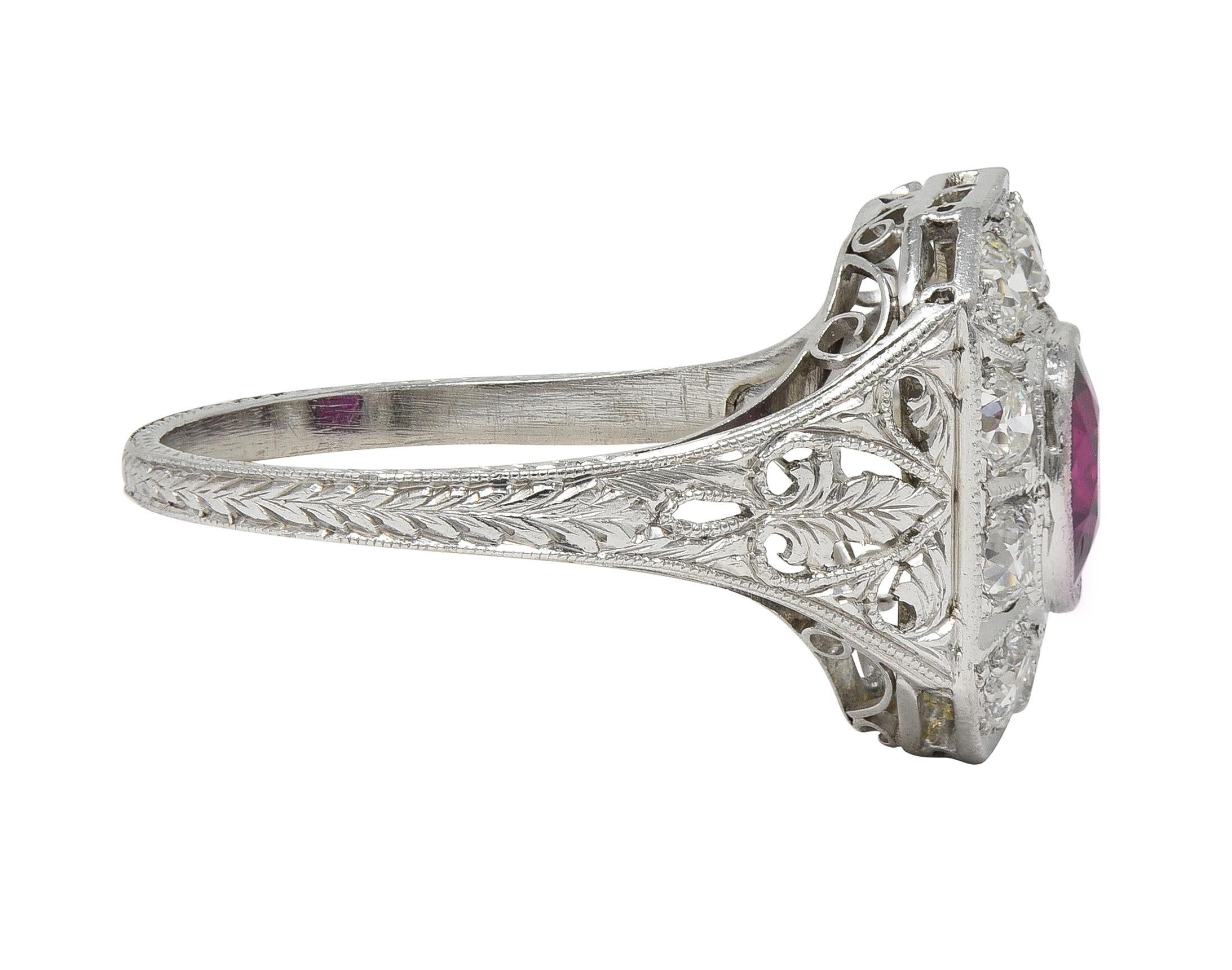 Art Deco 2.18 CTW No Heat Ruby Diamond Platinum Vintage Foliate Halo Ring GIA