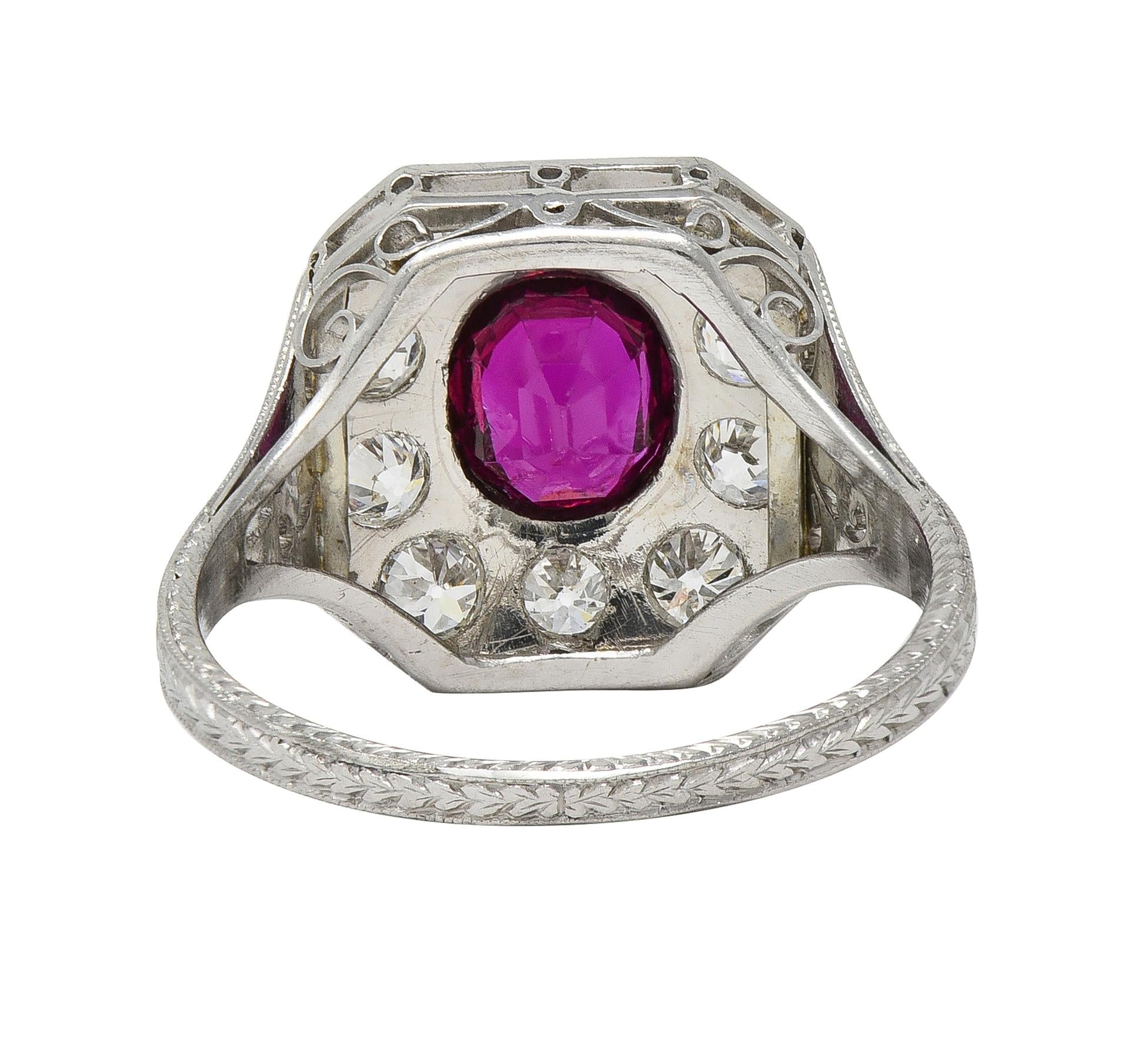 Art Deco 2.18 CTW No Heat Ruby Diamond Platinum Vintage Foliate Halo Ring GIA