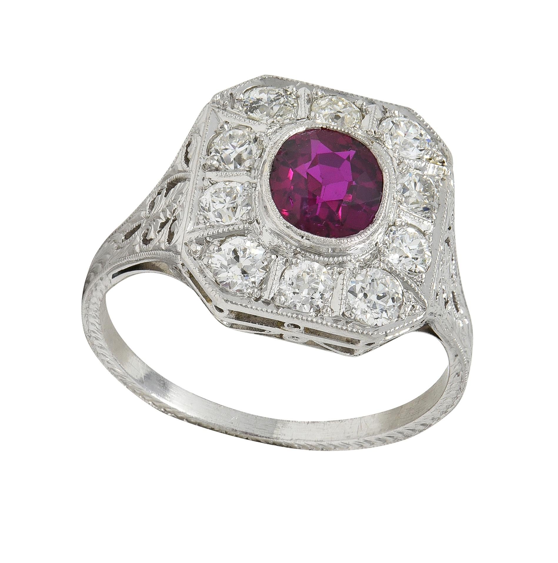 Art Deco 2.18 CTW No Heat Ruby Diamond Platinum Vintage Foliate Halo Ring GIA