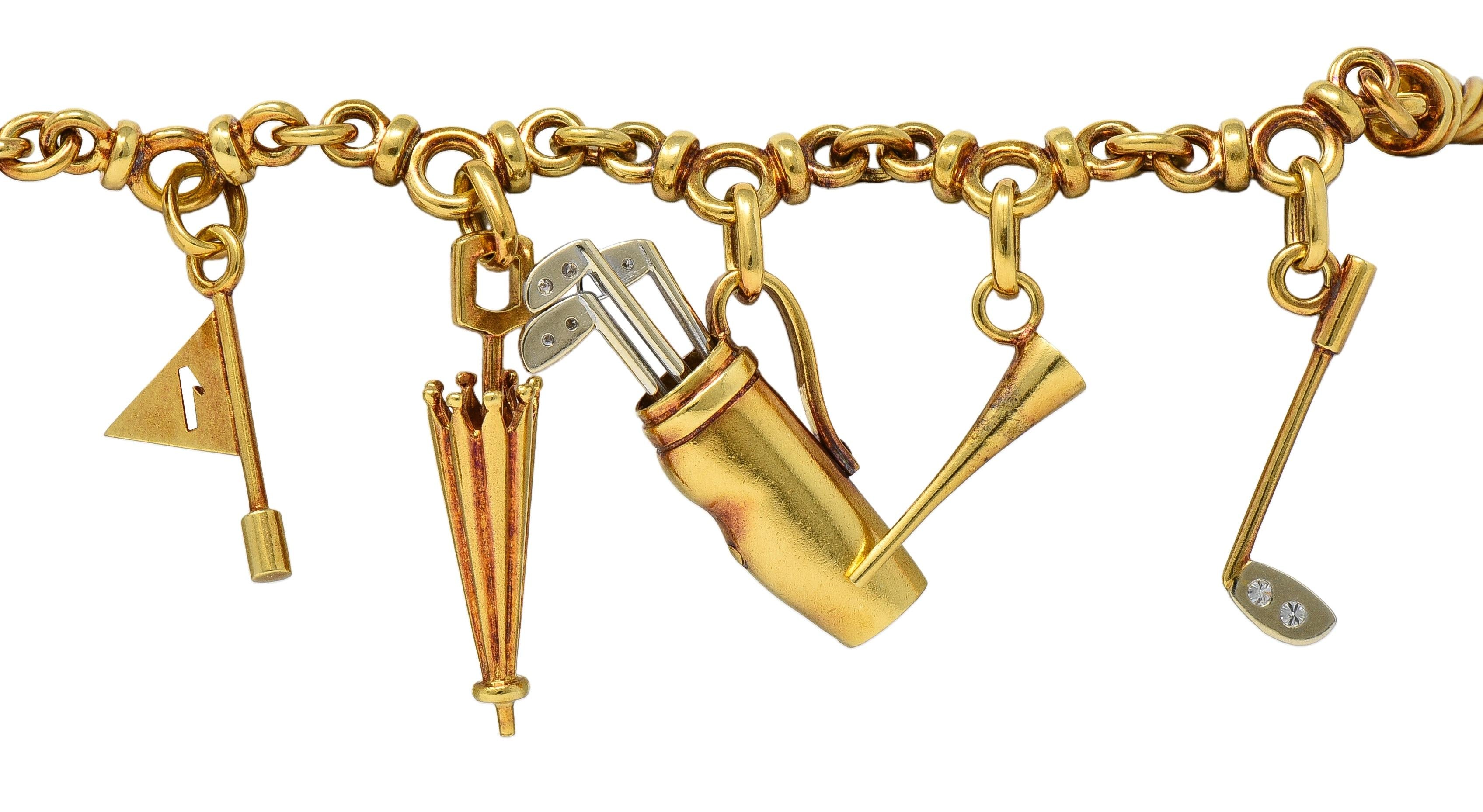 Pomellato 1990's Diamond 18 Karat Two-Tone Gold Vintage Golf Charm Bracelet