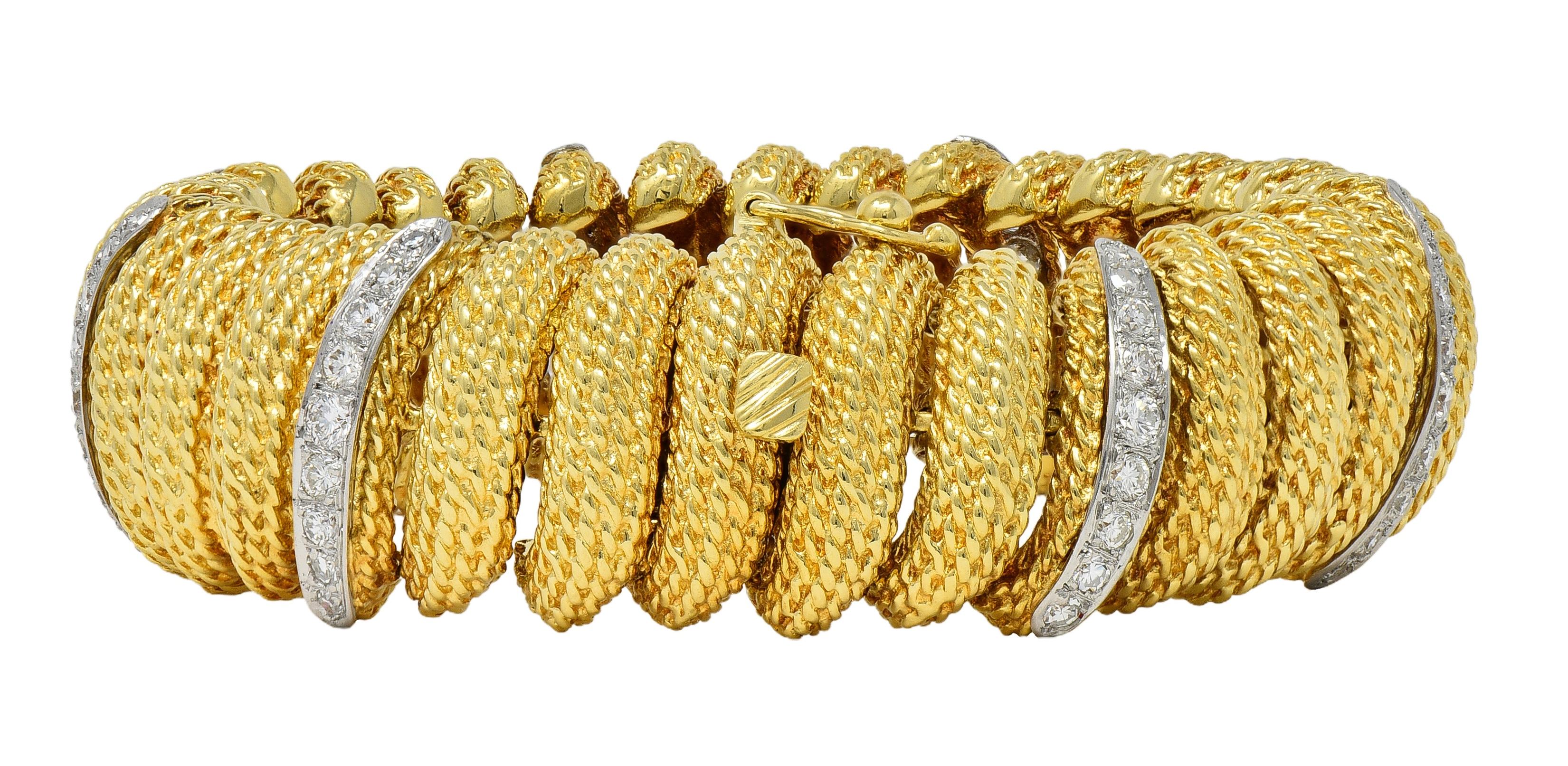 1960's 2.80 CTW Diamond Platinum 18K Gold Vintage Woven Twist Link Bracelet